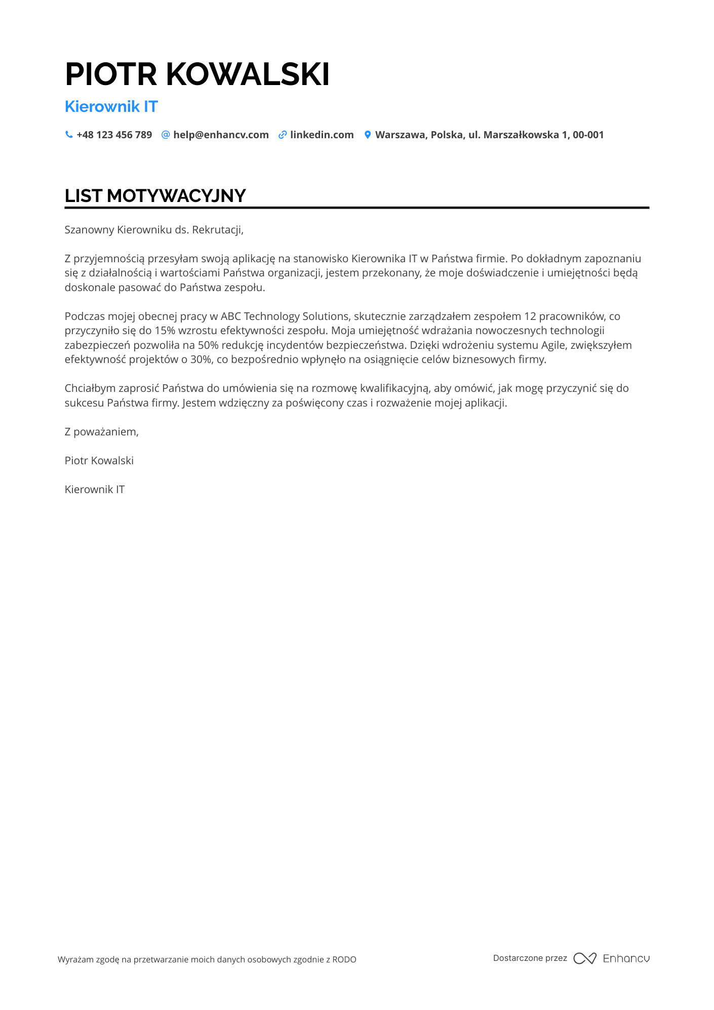 List motywacyjny dla Kierownik IT
