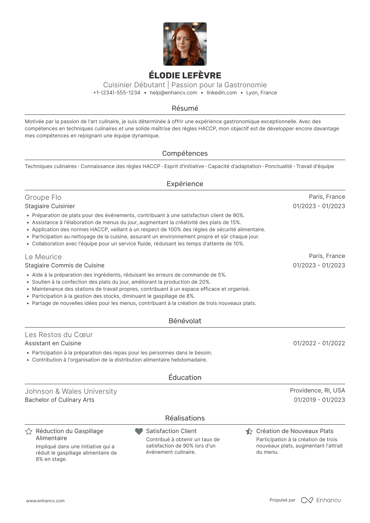 Exemple de CV saisonnier de cuisinier