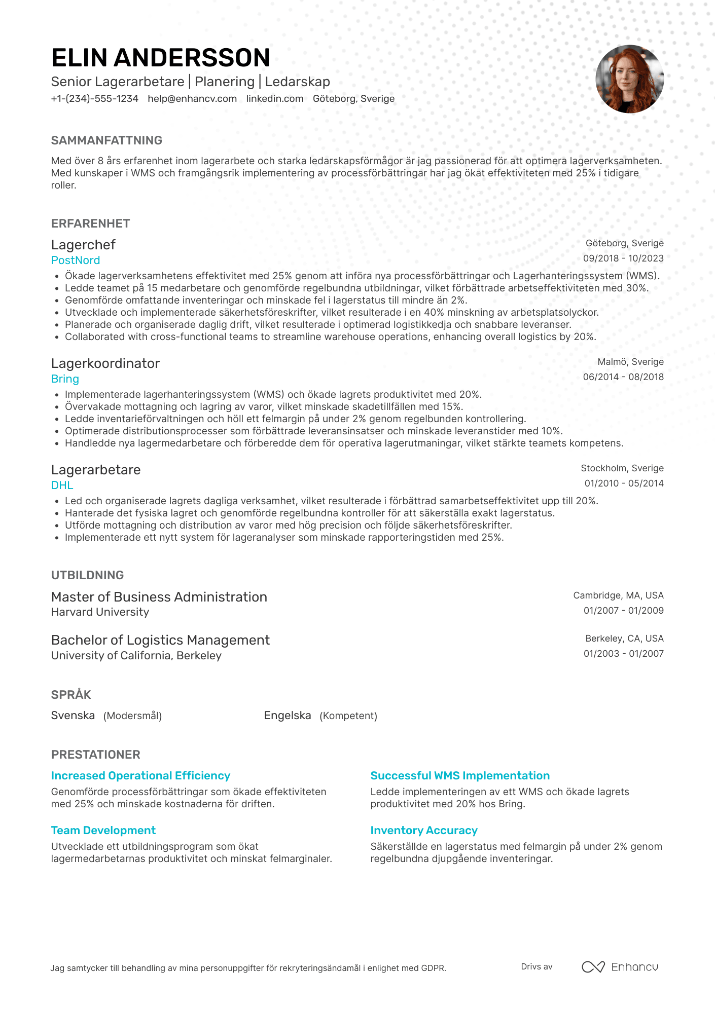 CV för Senior lagerarbetare