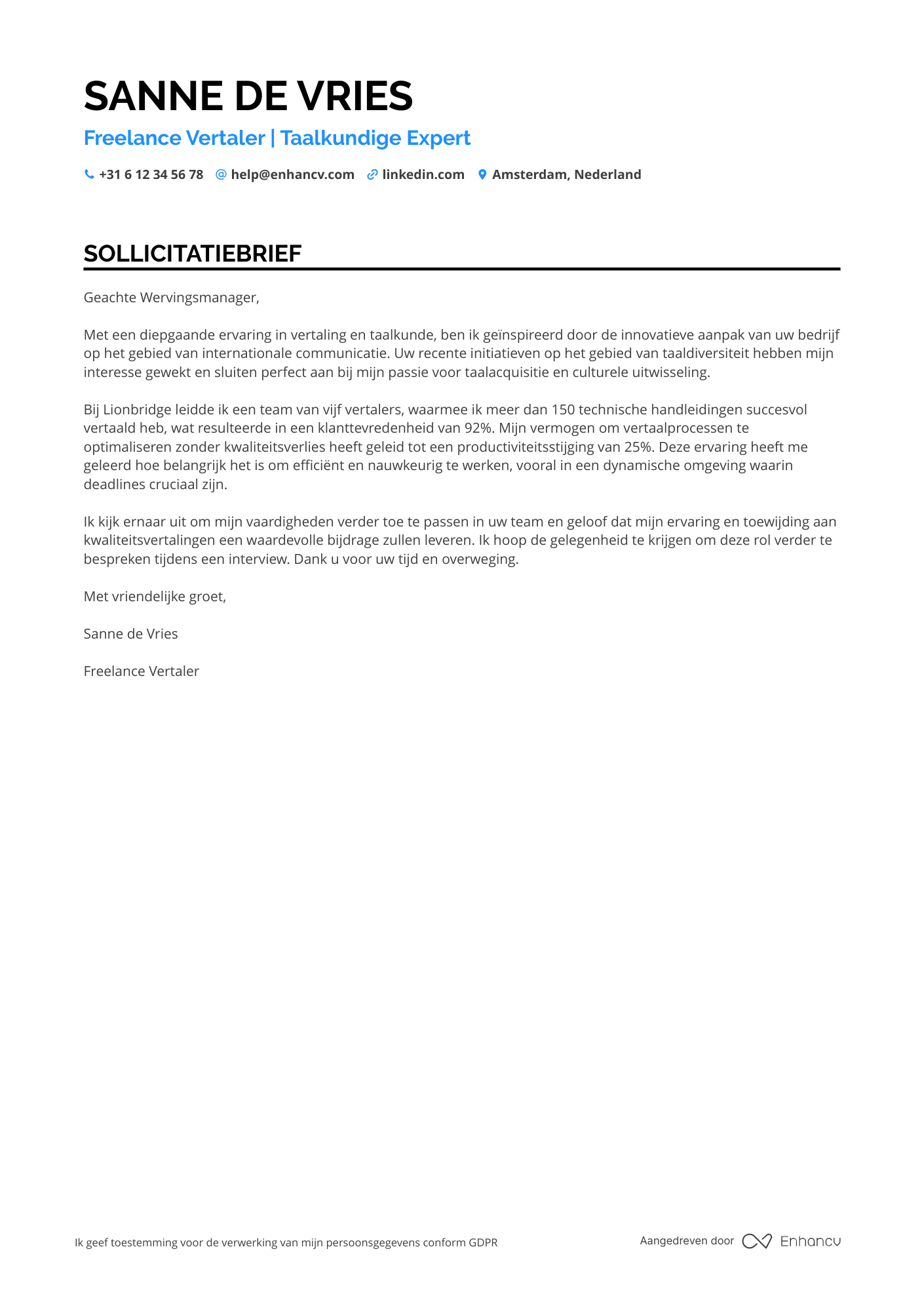 Sollicitatiebrief voor Freelance Vertaler