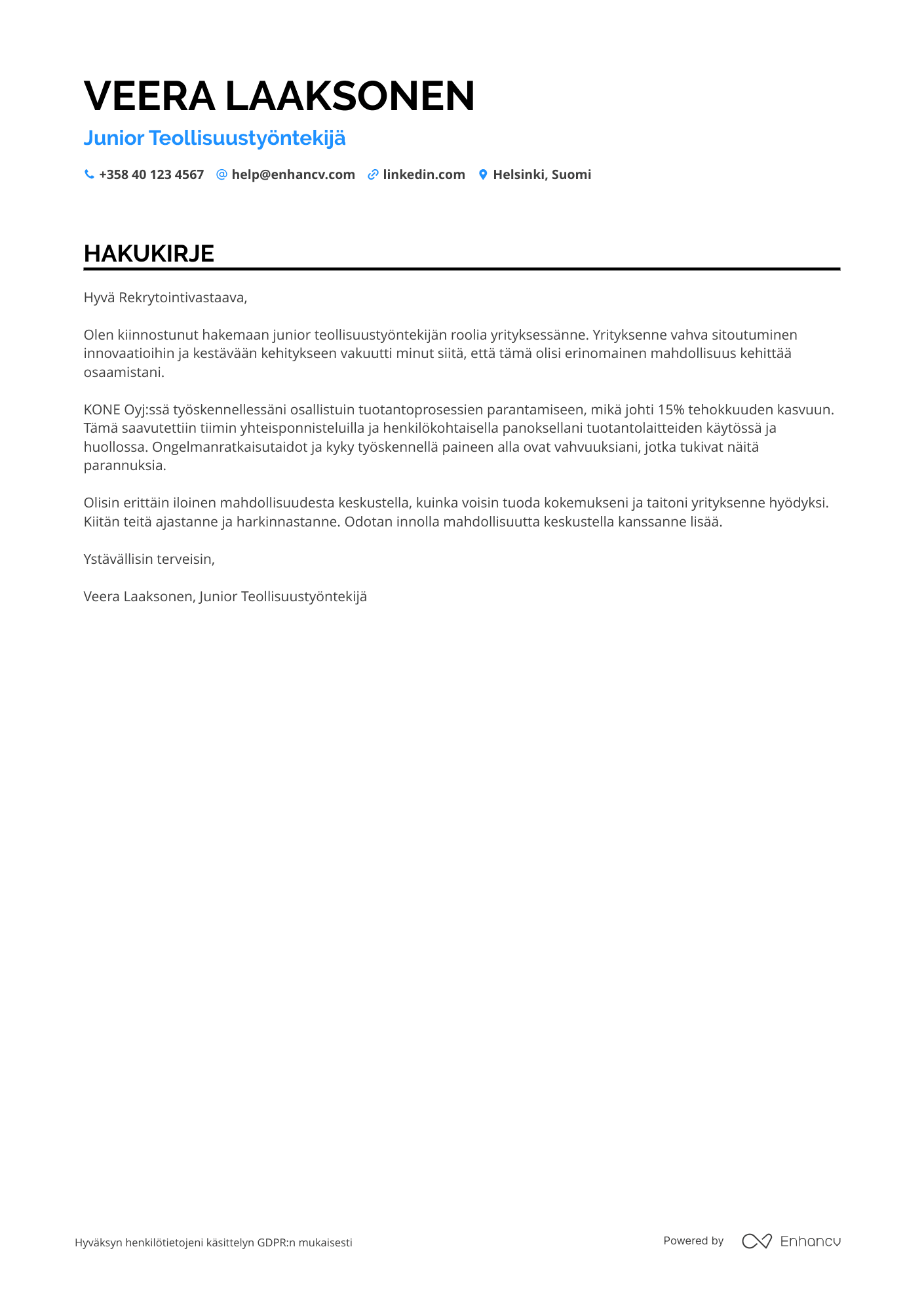 Hakukirje Junior Teollisuustyöntekijä