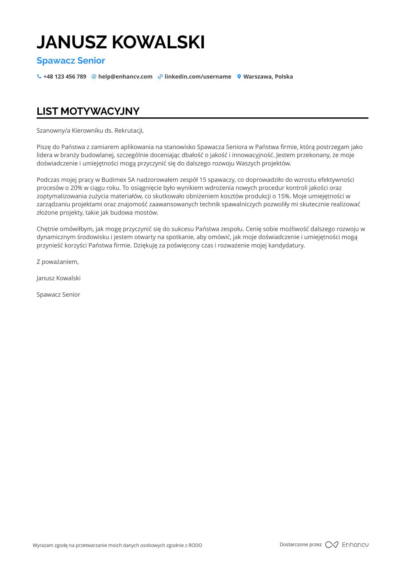 List motywacyjny dla Spawacz senior
