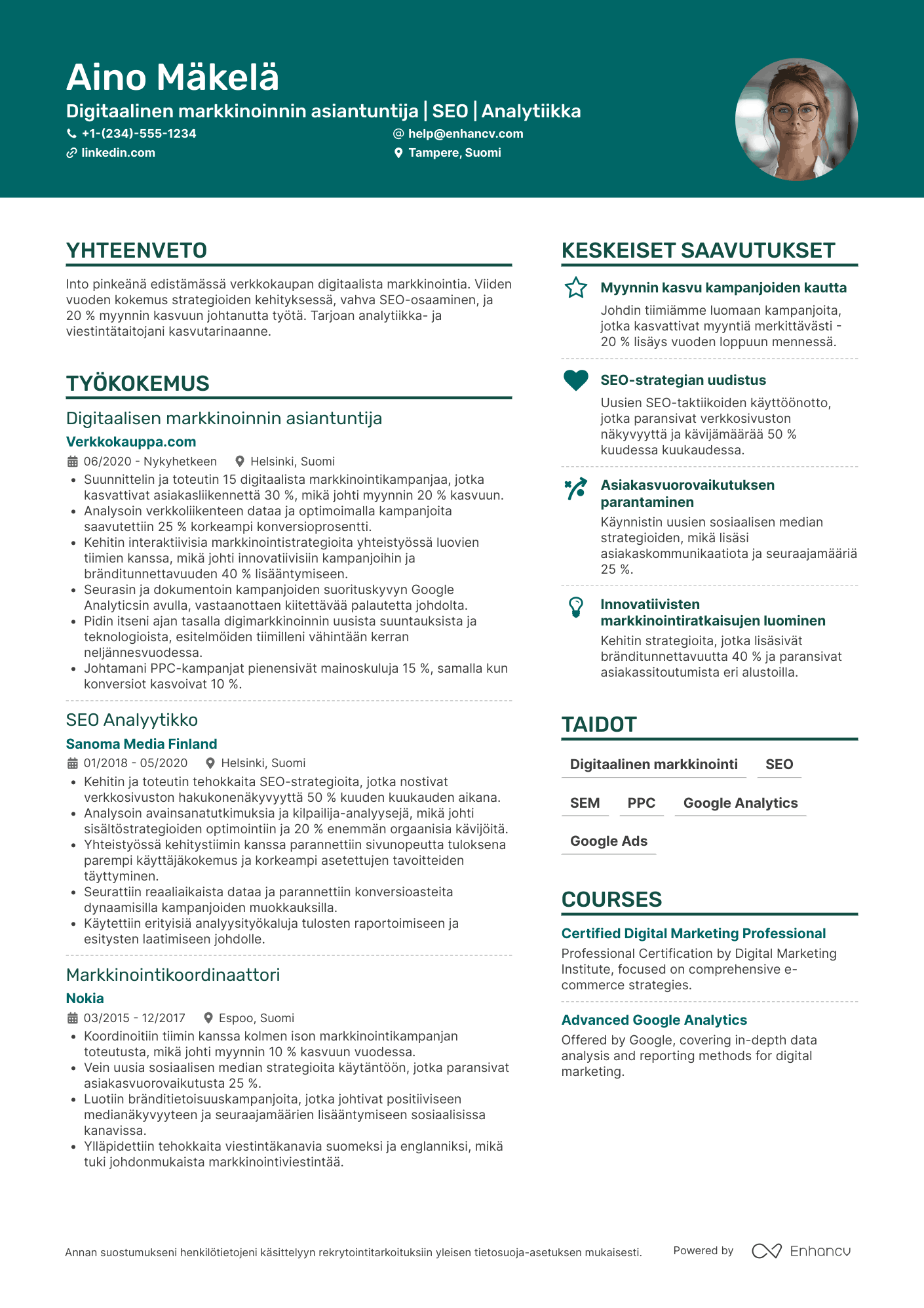 Ansioluettelo E commerce digitaalisen markkinoinnin asiantuntija