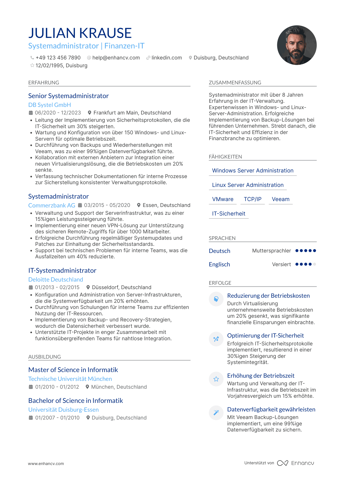 Lebenslauf in Systemadministrator in der Finanzbranche