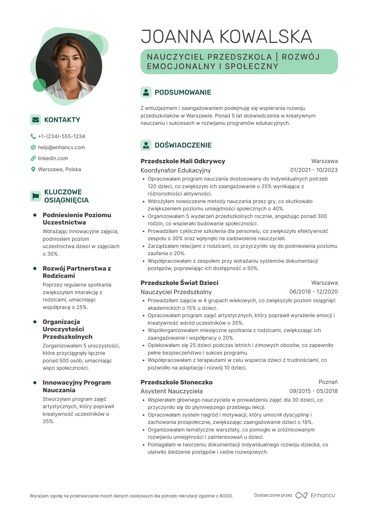 CV dla Nauczyciel Przedszkola Certyfikowany