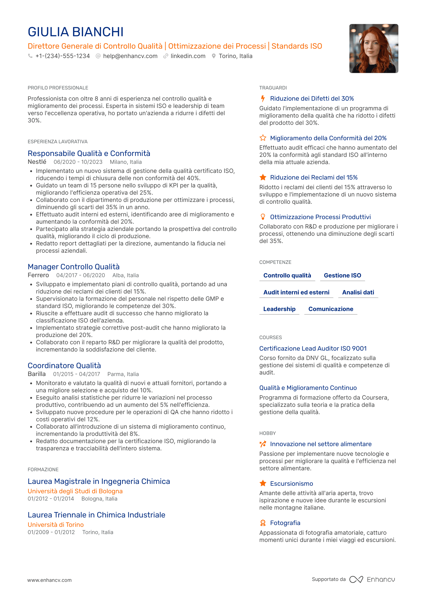 CV Direttore generale del controllo qualità