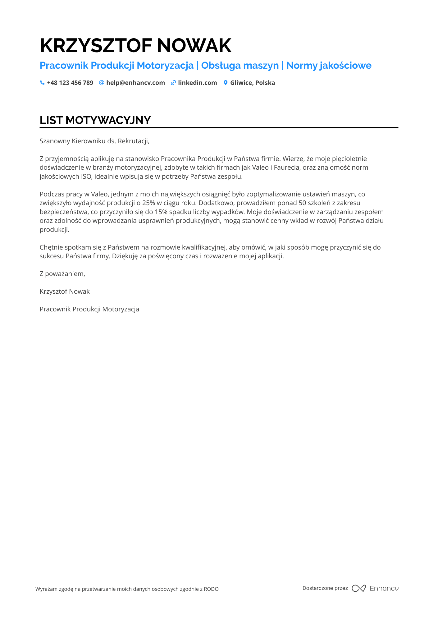 List motywacyjny dla Pracownik Produkcji Motoryzacja