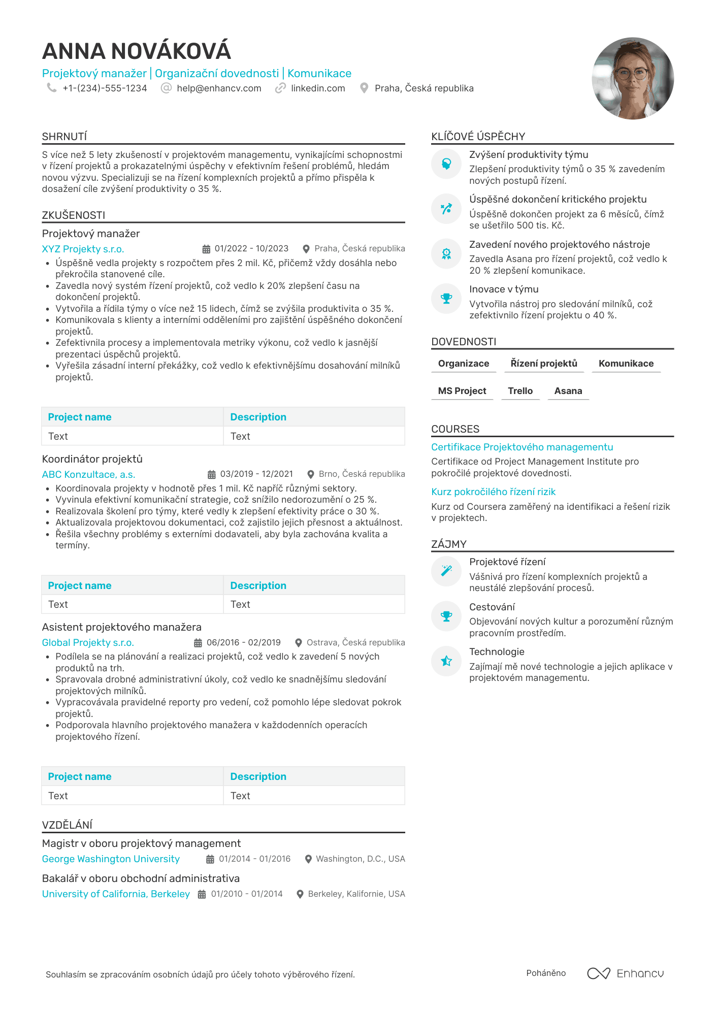 Životopis pro Kancelářský pracovník projektový manažer