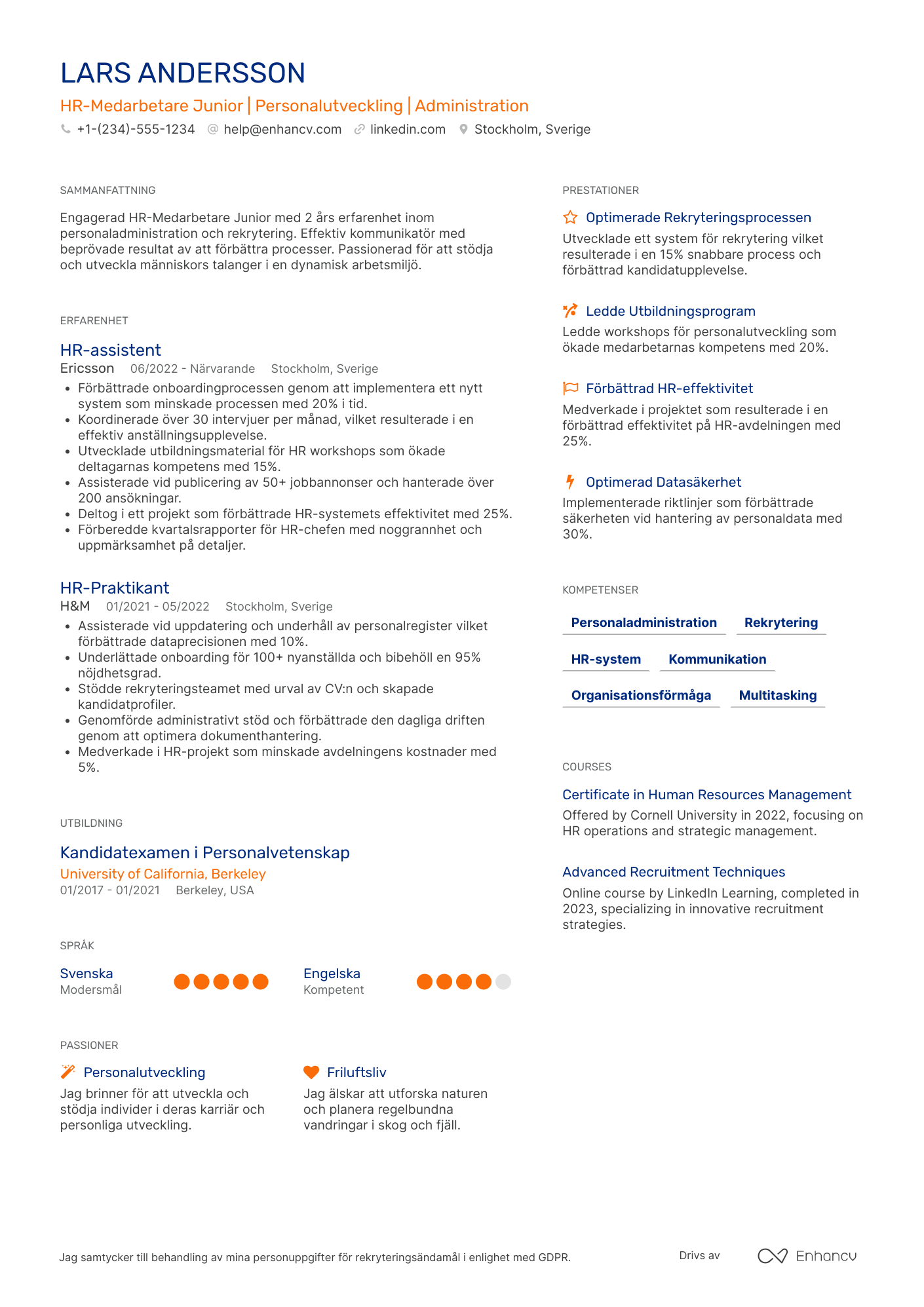 CV för HR Medarbetare Junior