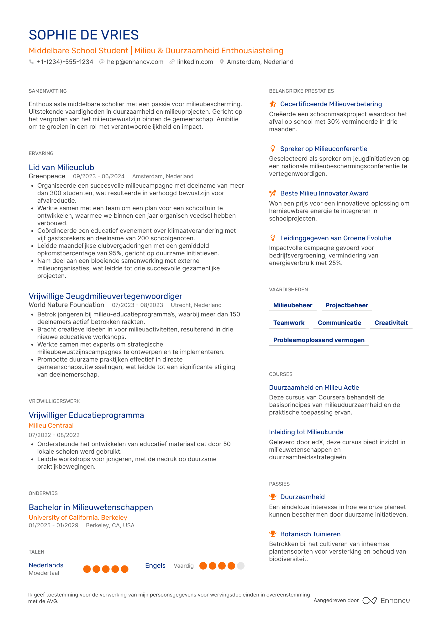 CV voor Middelbare School Student Environmental Club Member