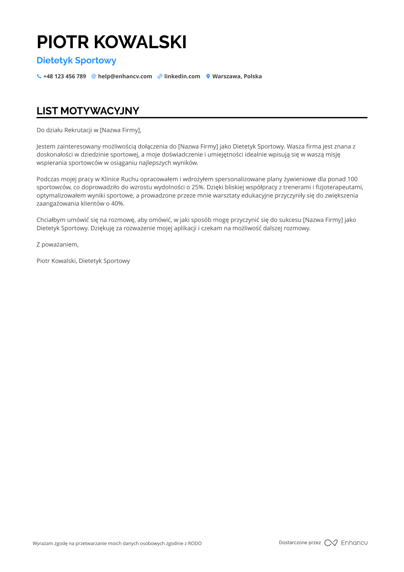 List motywacyjny dla Dietetyk sportowy