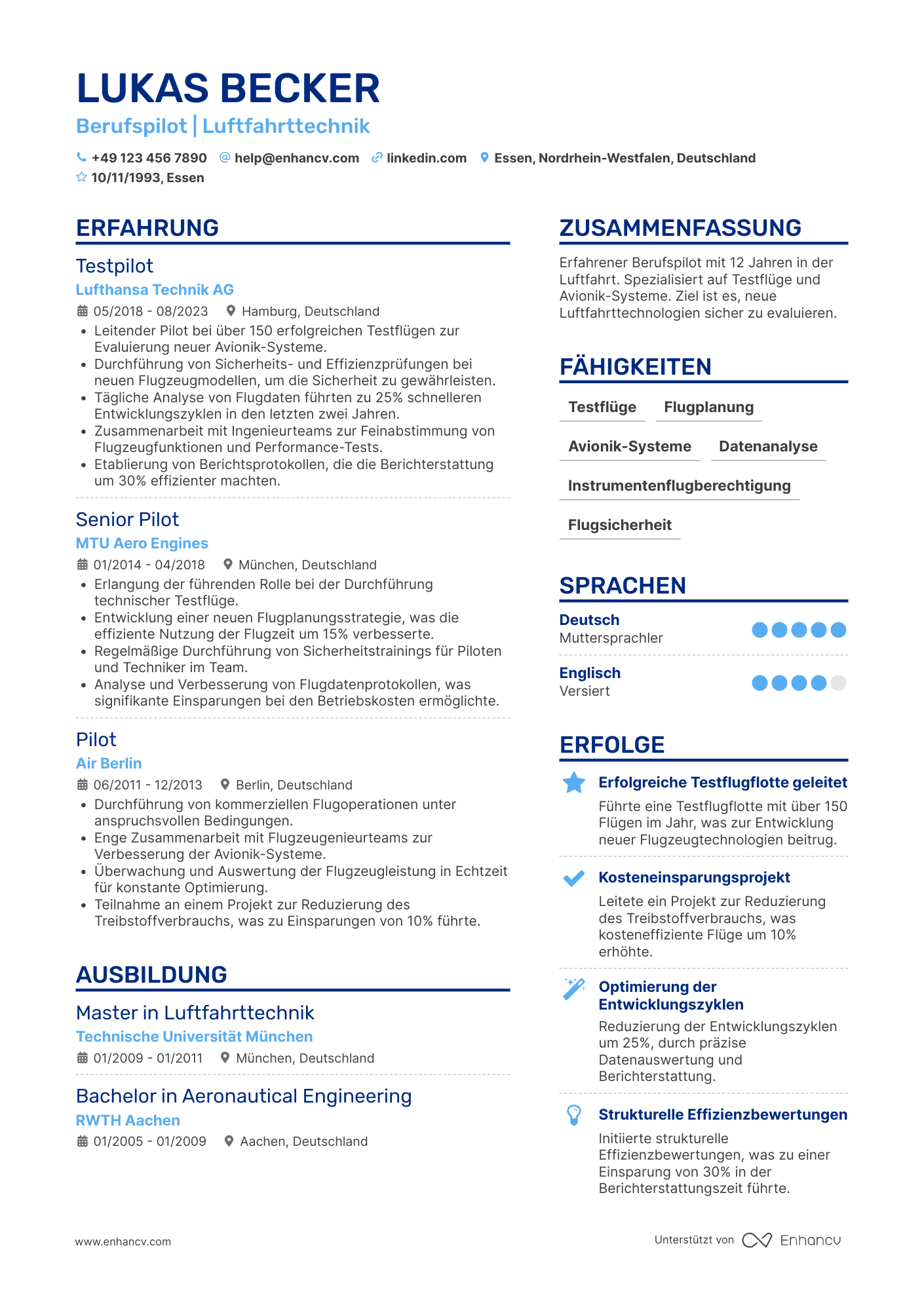 Lebenslauf in Pilot für Luftfahrttechnikunternehmen
