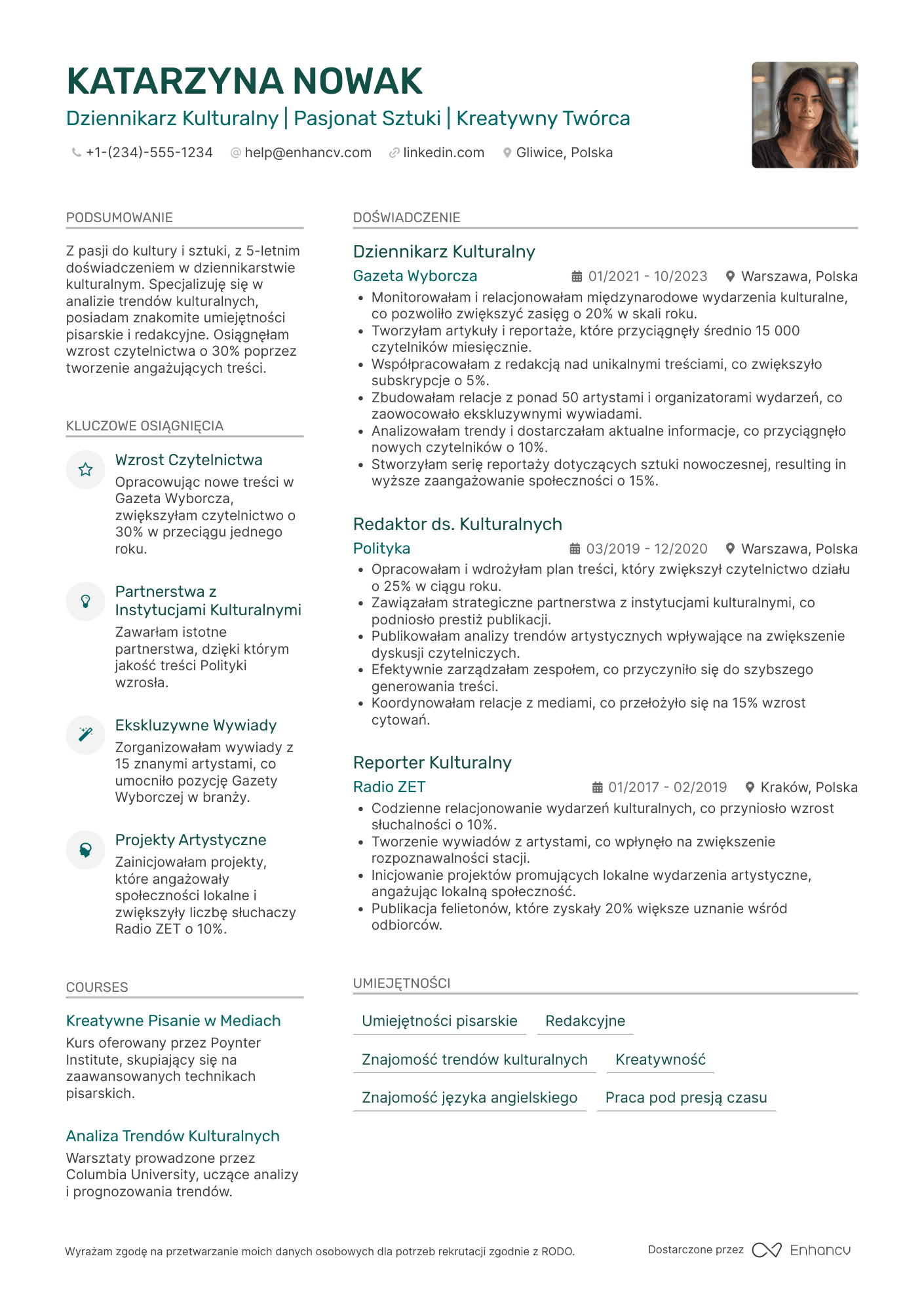 CV dla Dziennikarz Kulturalny