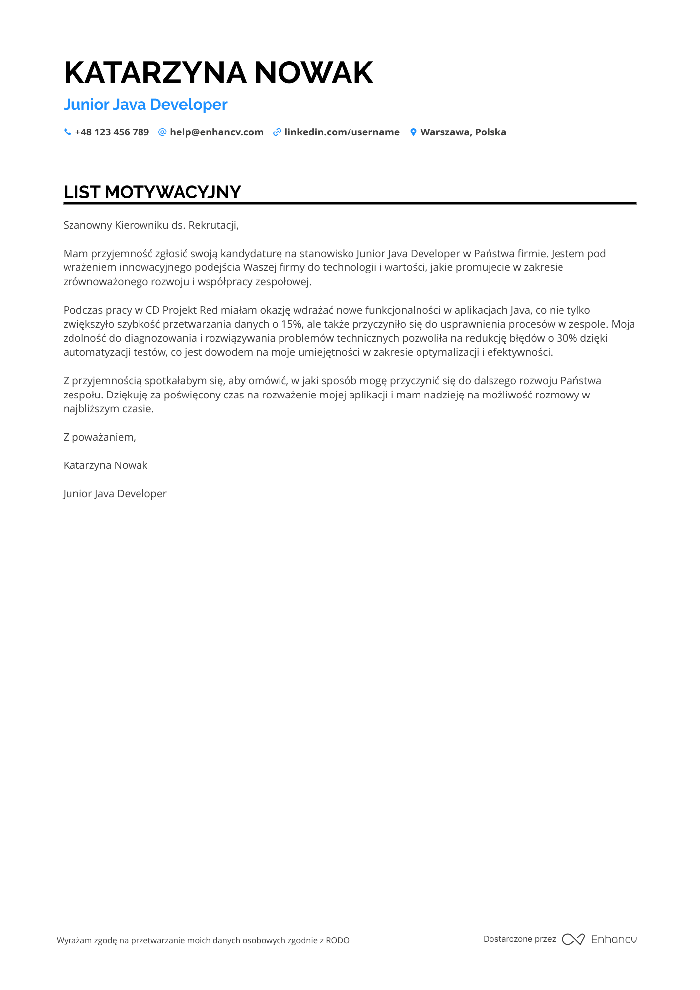 List motywacyjny dla Junior Java Developer