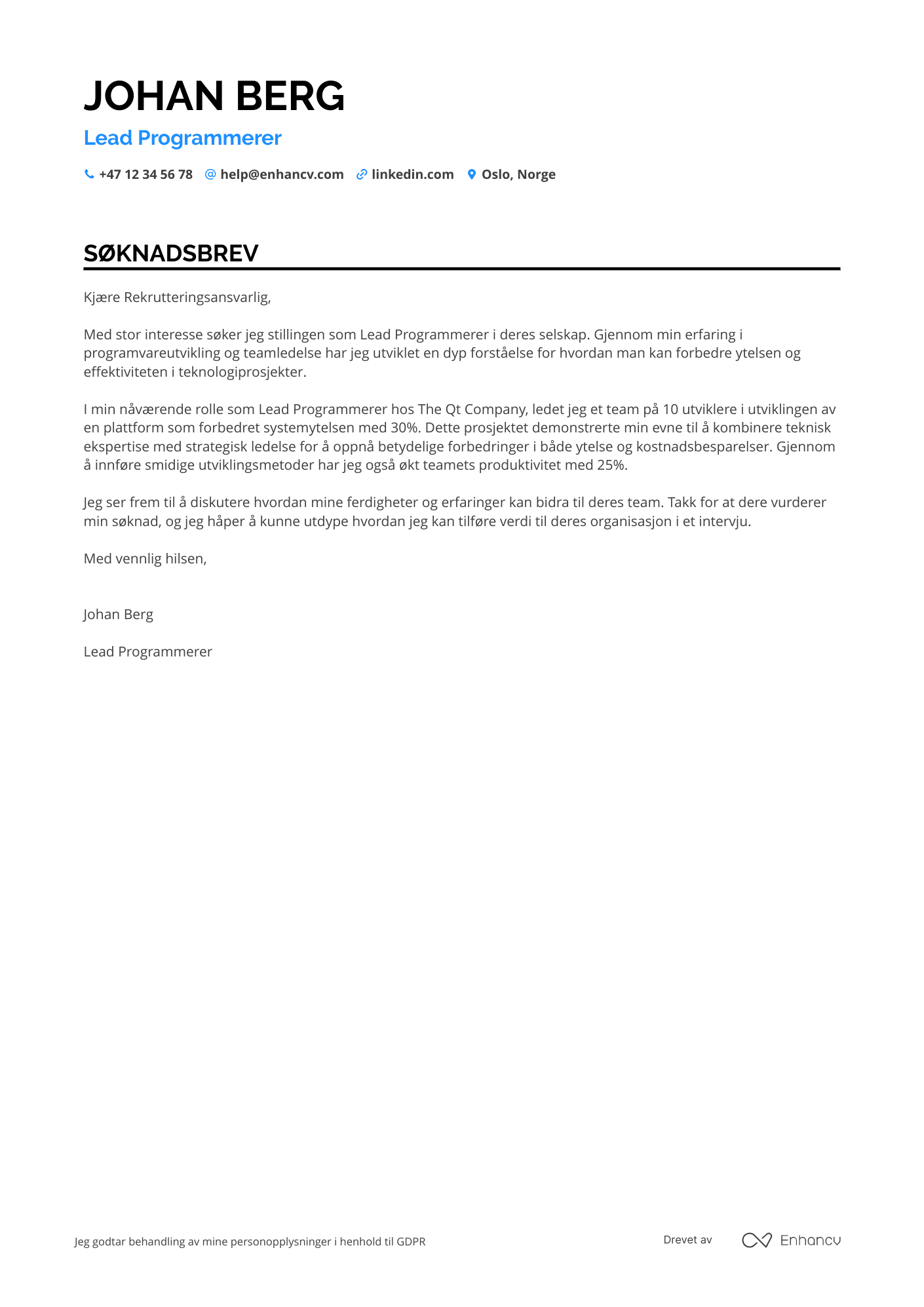 Søknadsbrev for Lead Programmerer