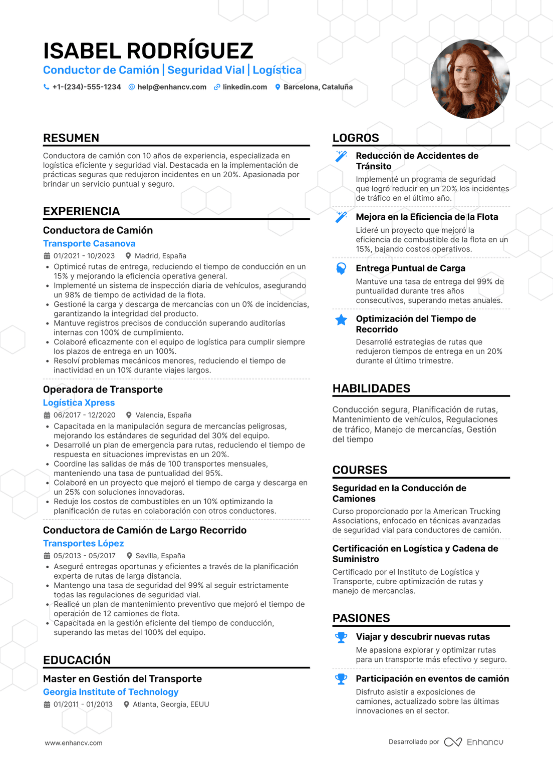 CV para camionero (truck driver)