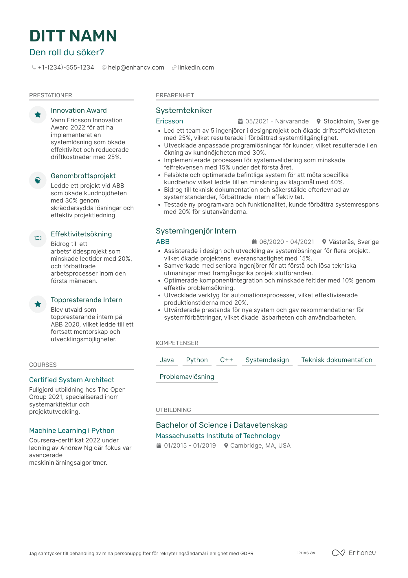 CV för Junior systemingenjör