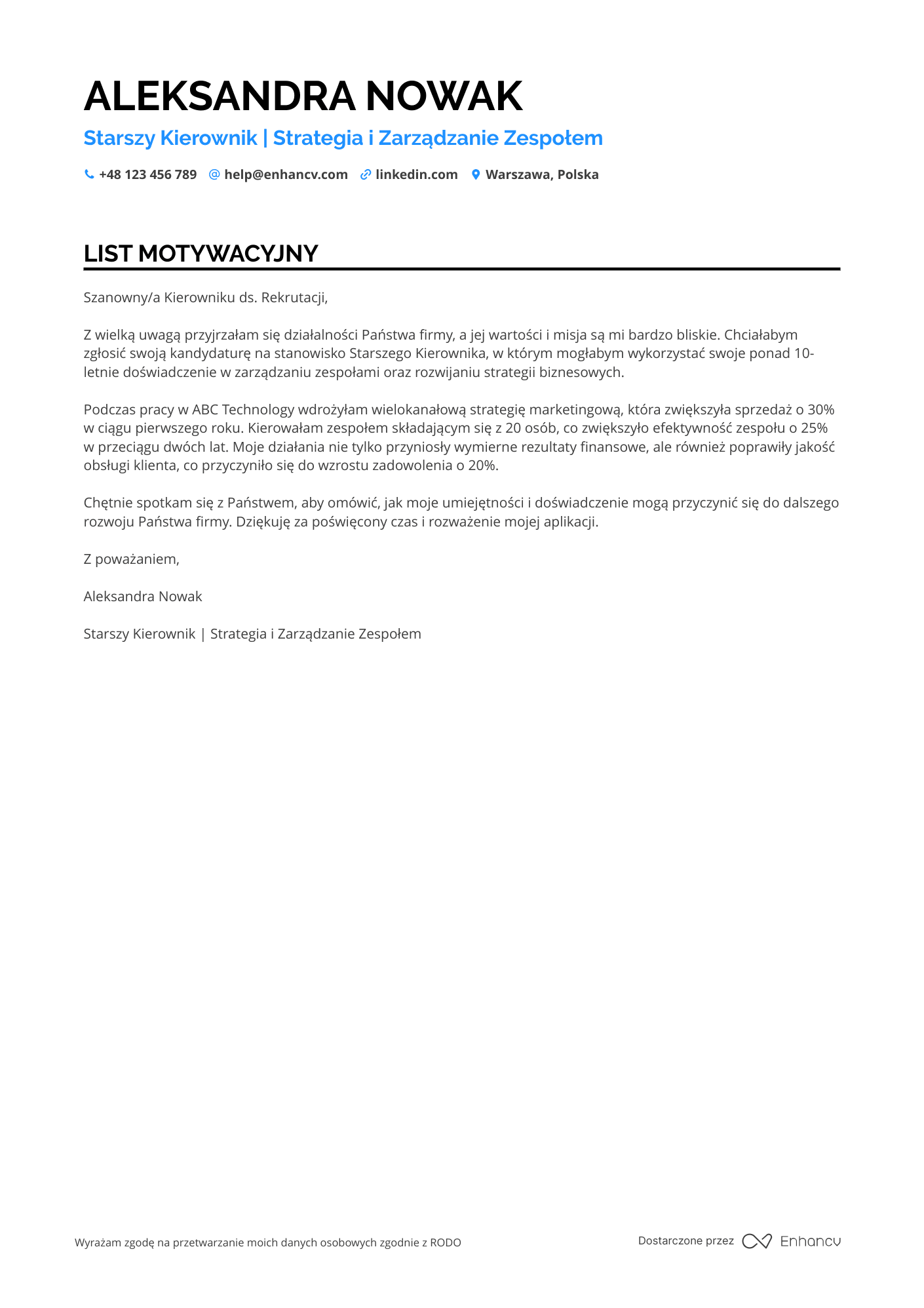 List motywacyjny dla Starszy Kierownik