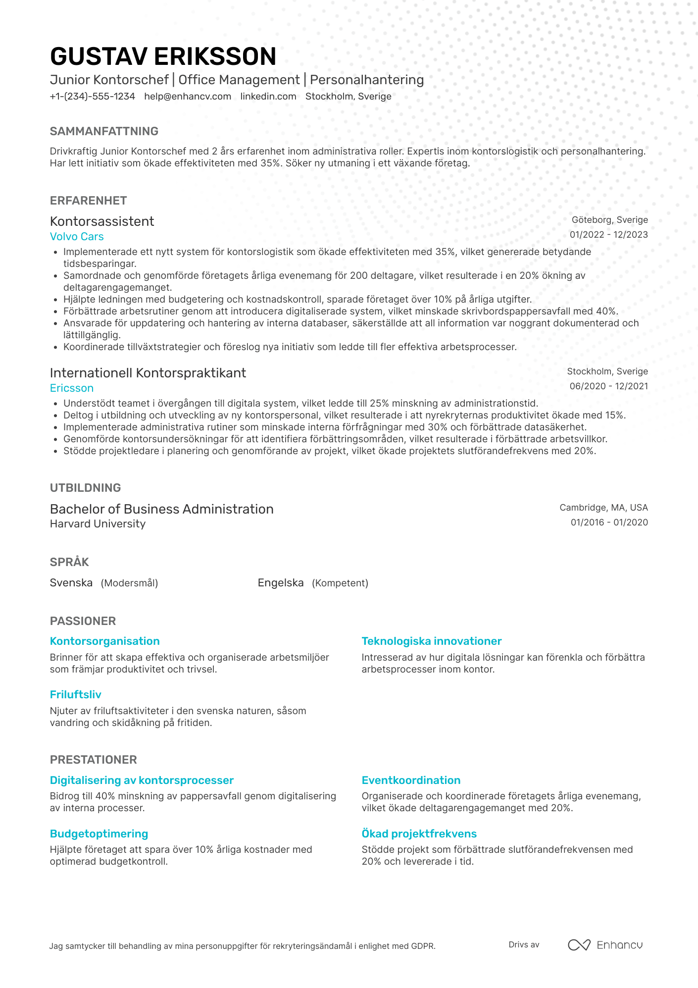 CV för Junior Kontorschef