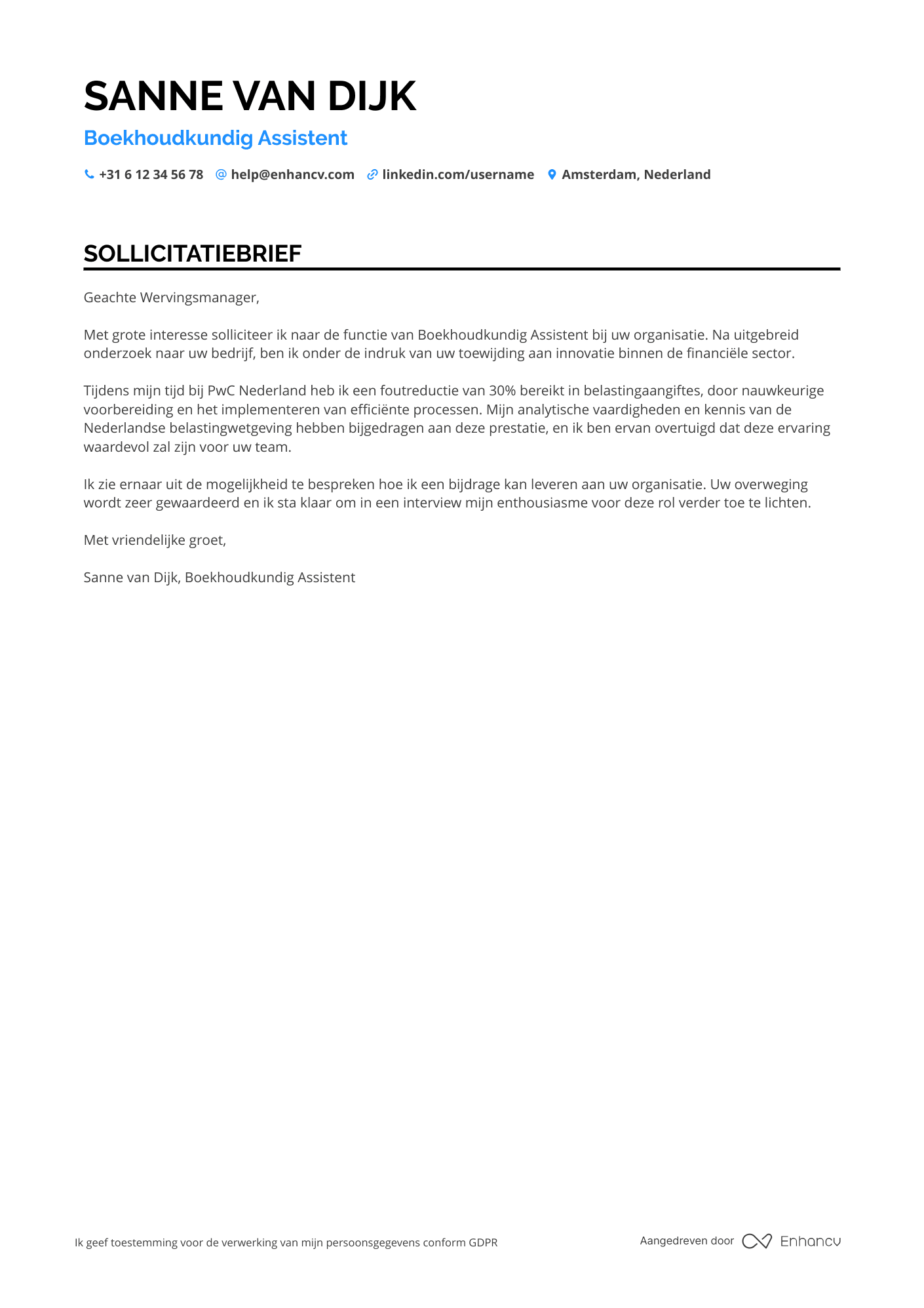 Sollicitatiebrief voor Boekhoudkundig Assistent Belastingrapportage