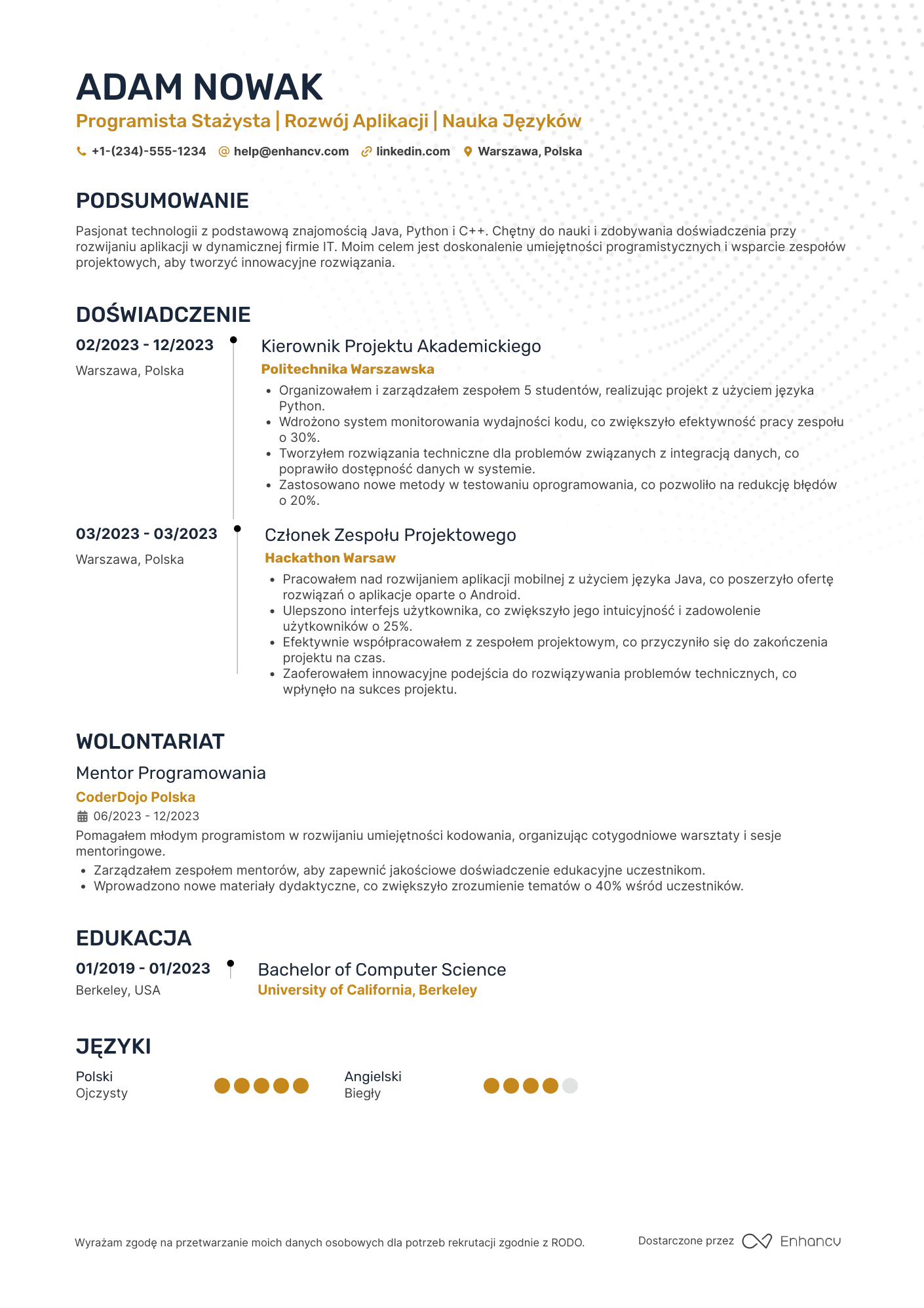 CV dla Programista Stażysta