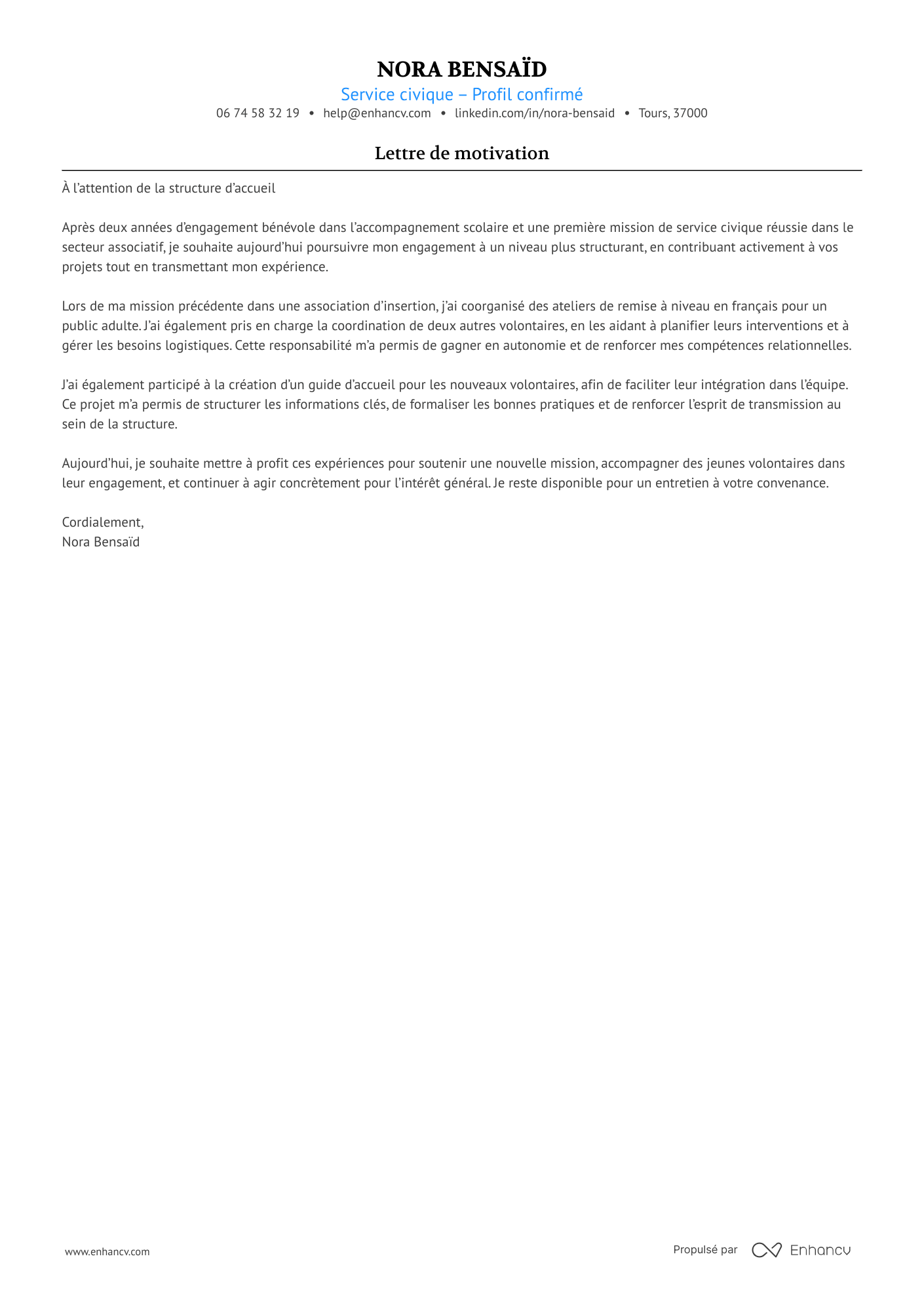 Exemple de lettre de motivation pour un service civique confirmé