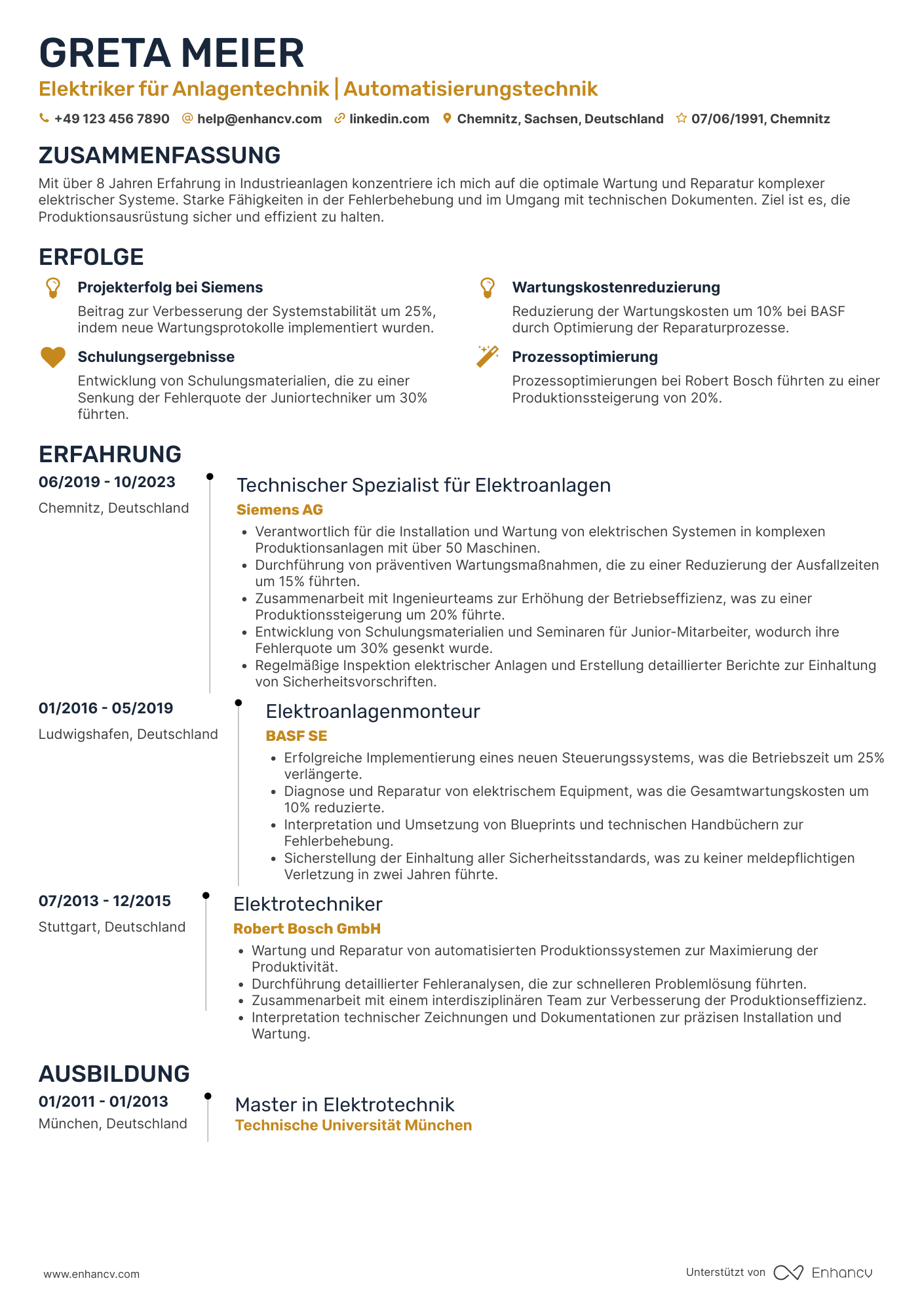 Lebenslauf als Elektriker für Anlagentechnik