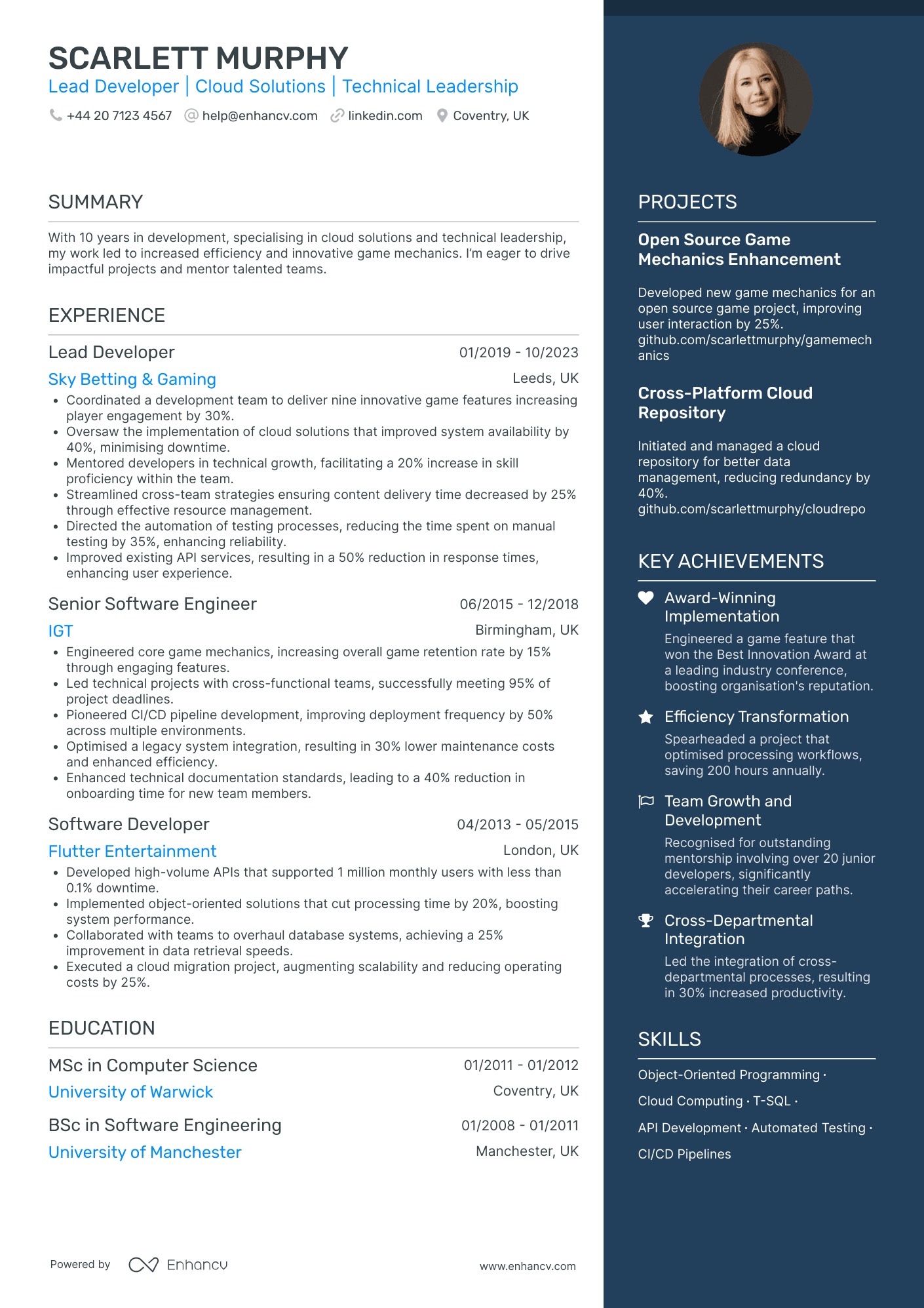 AR Game Developer CV Examples