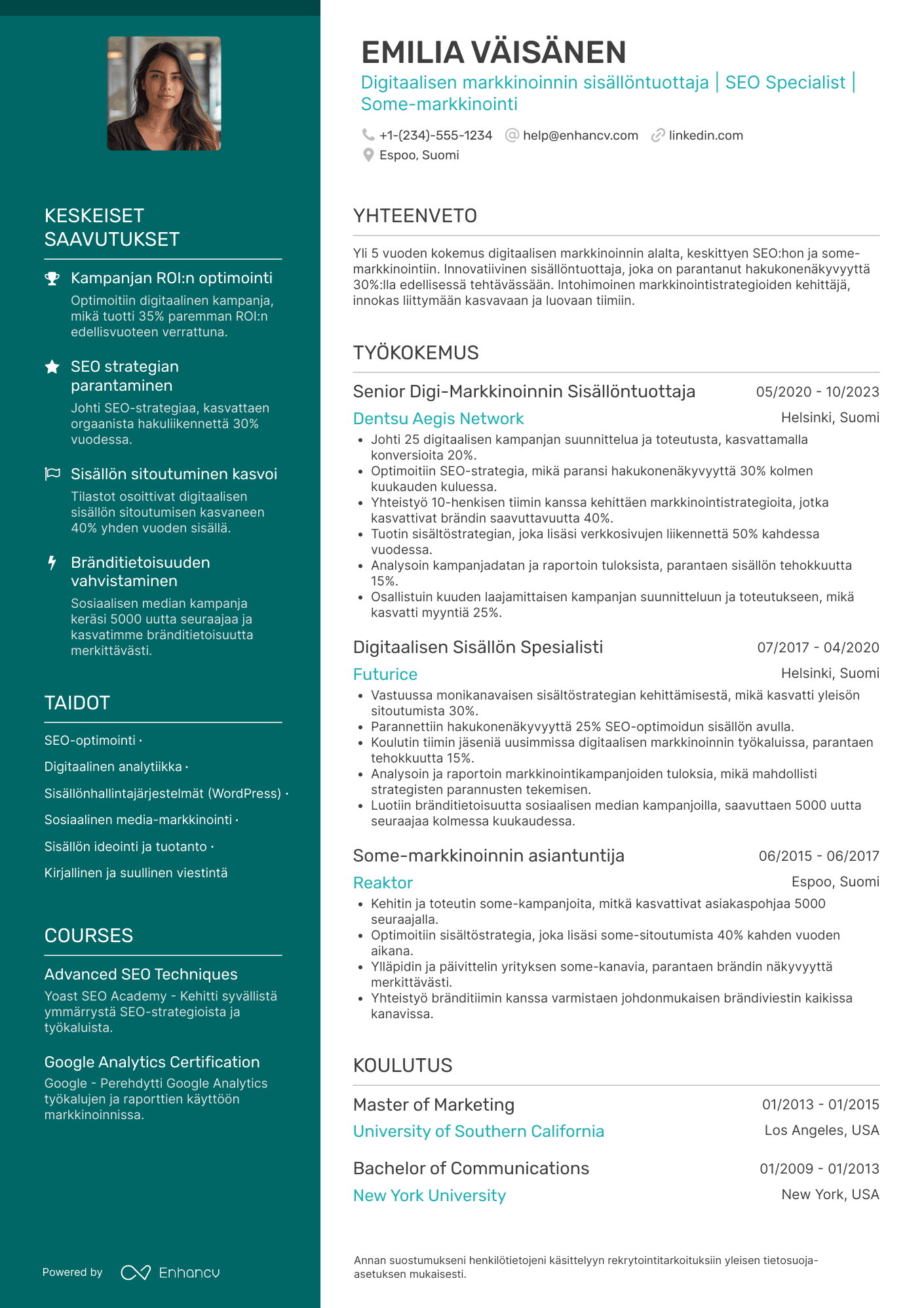 Ansioluettelo Digitaalisen markkinoinnin sisällöntuottaja