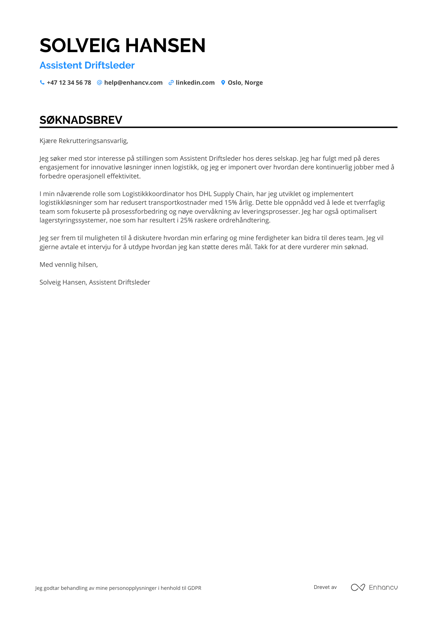Søknadsbrev for Assistent Driftsleder