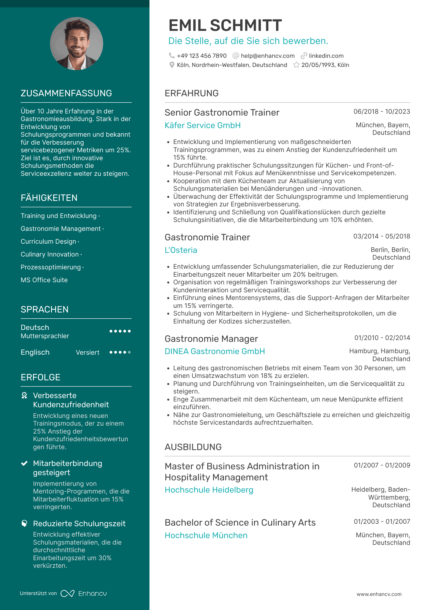 Lebenslauf als Gastronomie Trainer