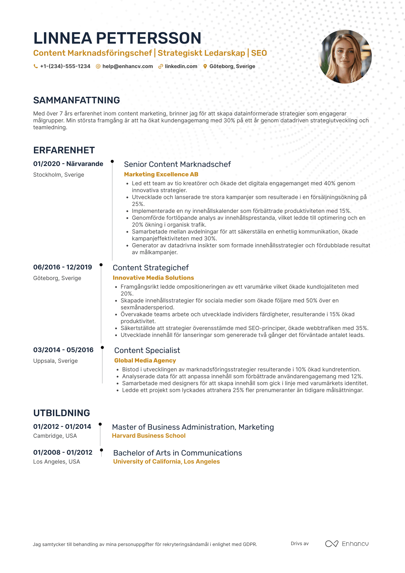 CV för Content Marknadsföringschef