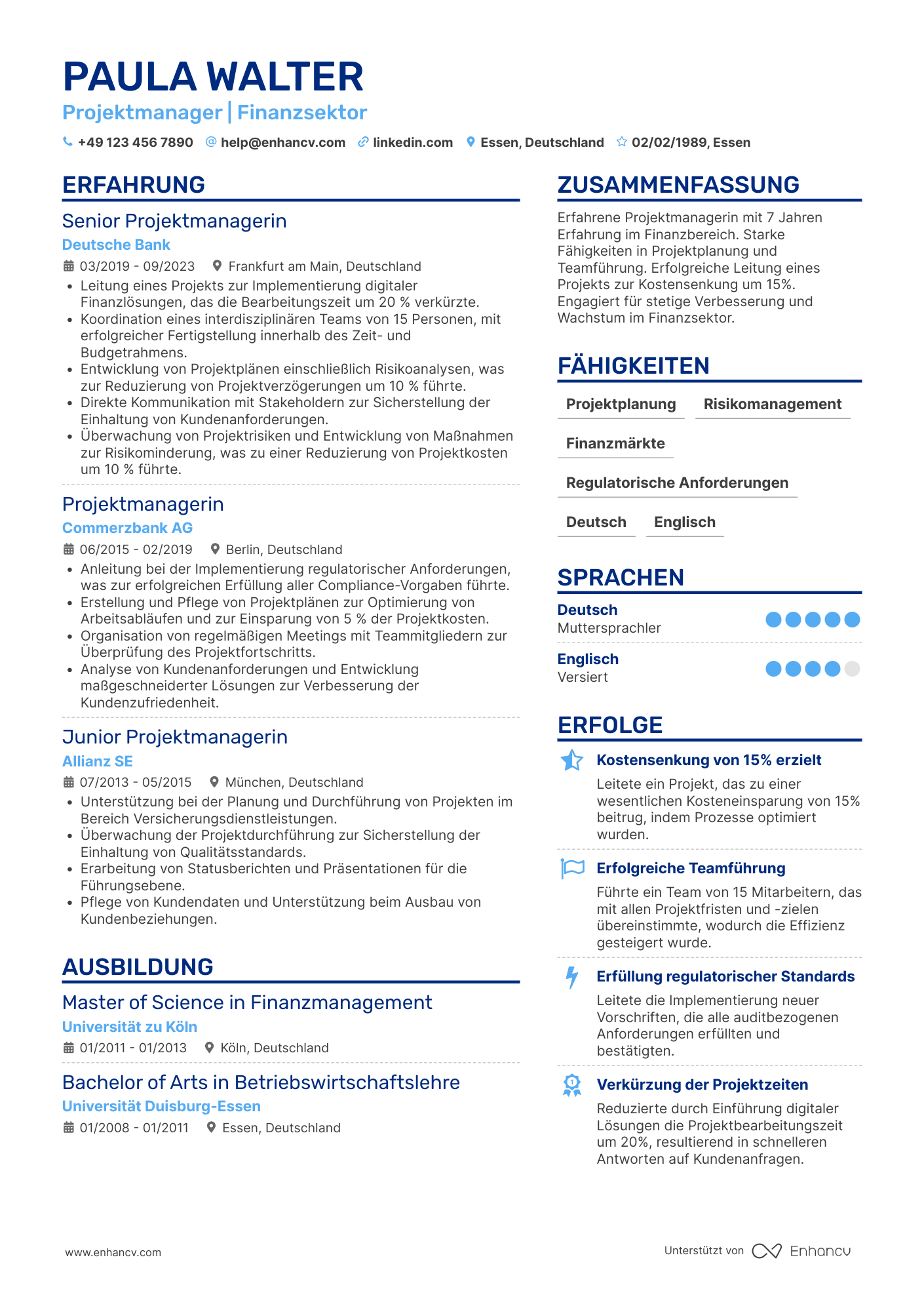 Lebenslauf in Projektmanager im Finanzsektor