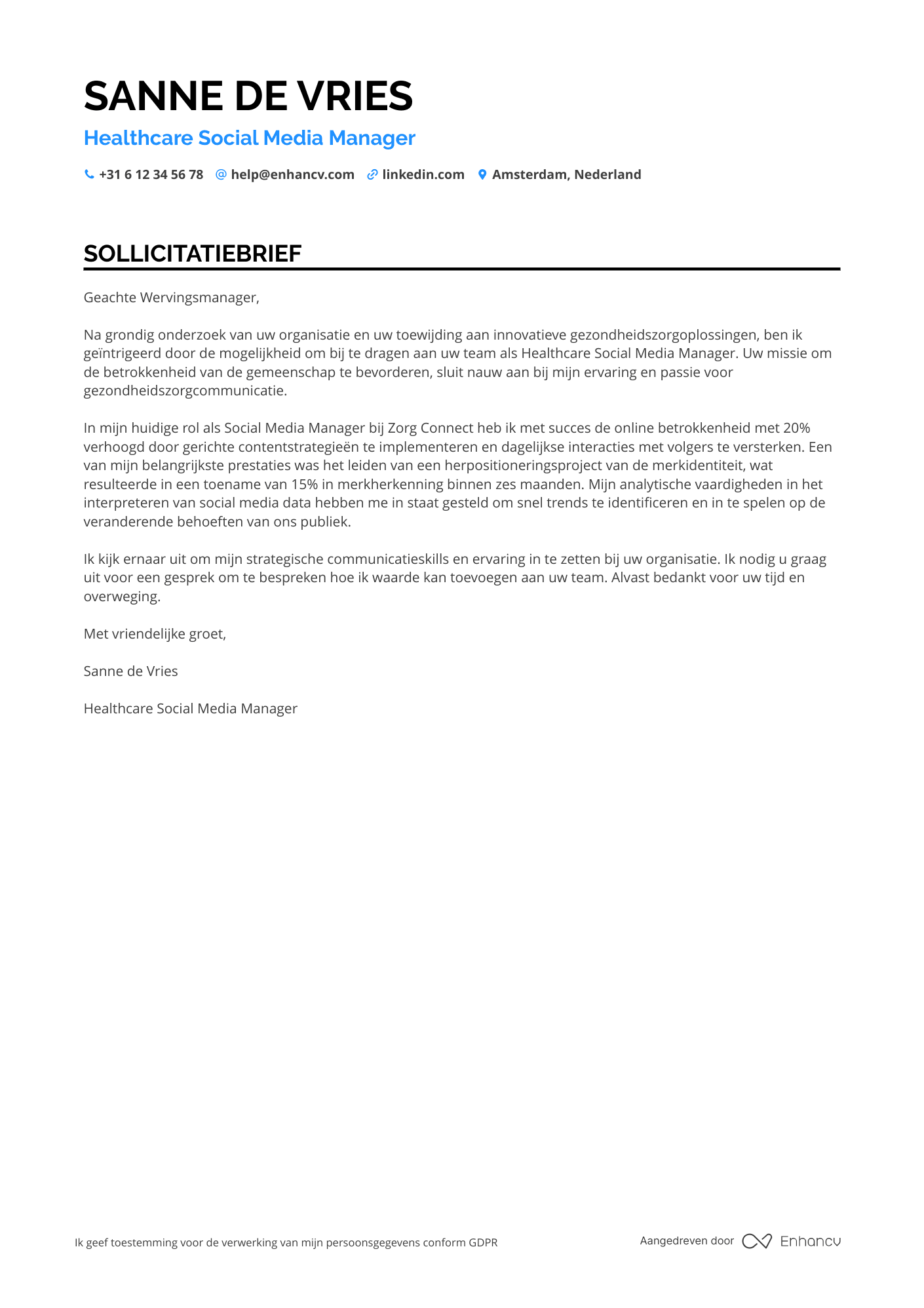 Sollicitatiebrief voor Healthcare Social Media Manager