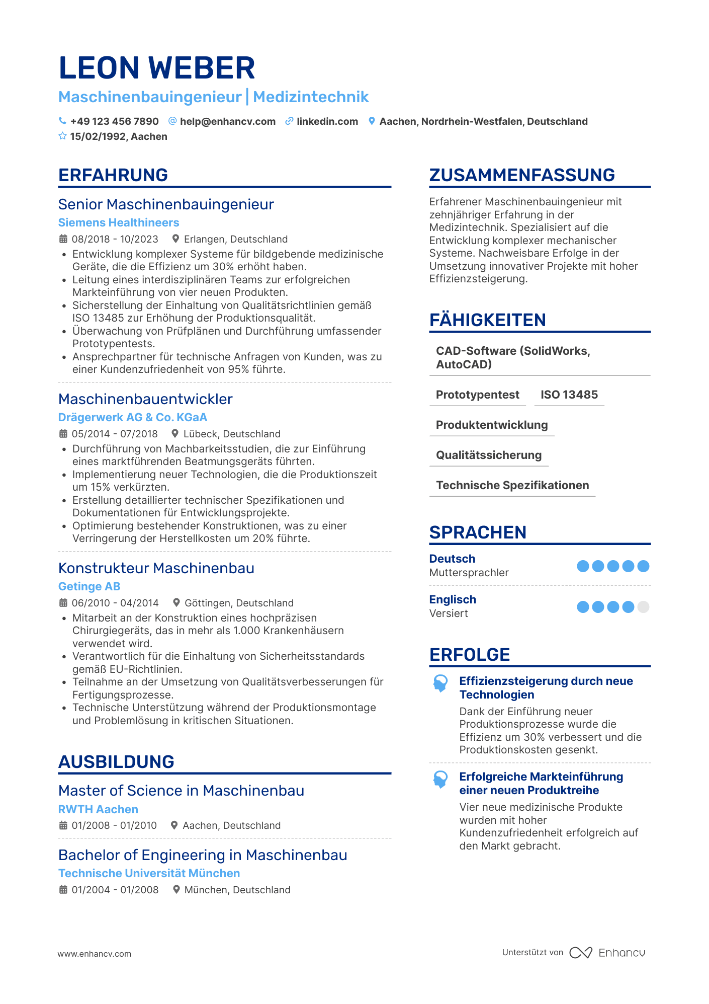 Lebenslauf in Maschinenbauingenieur in der Medizintechnik