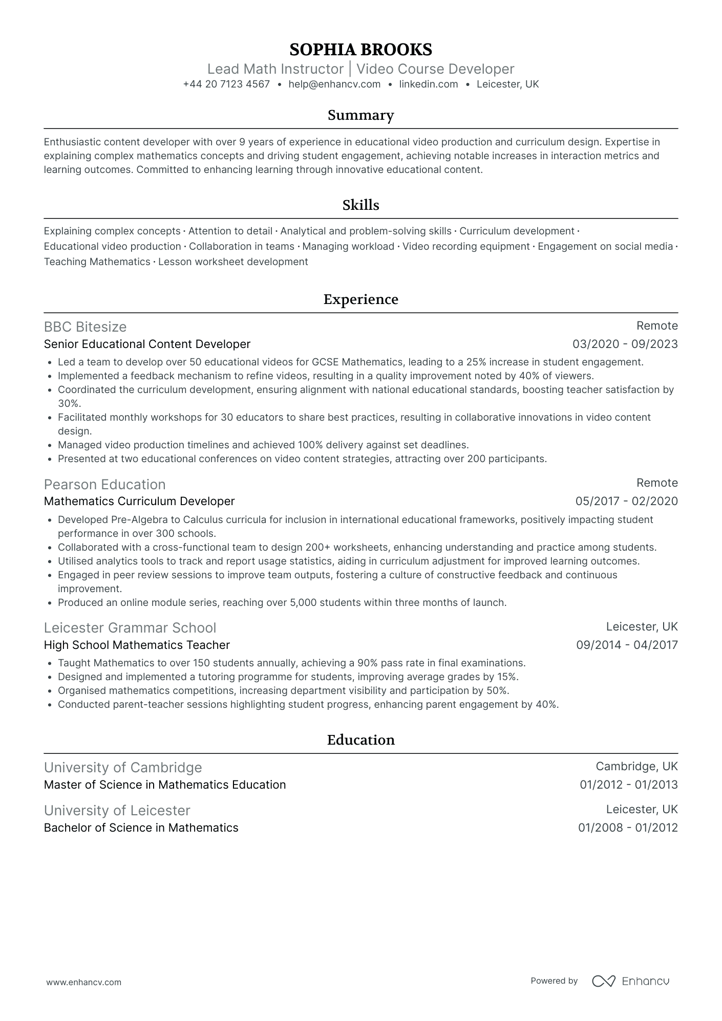 Math Education Content Developer CV Examples