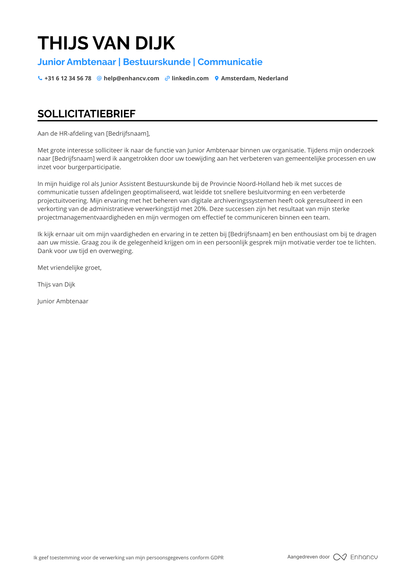 Sollicitatiebrief voor Junior Ambtenaar