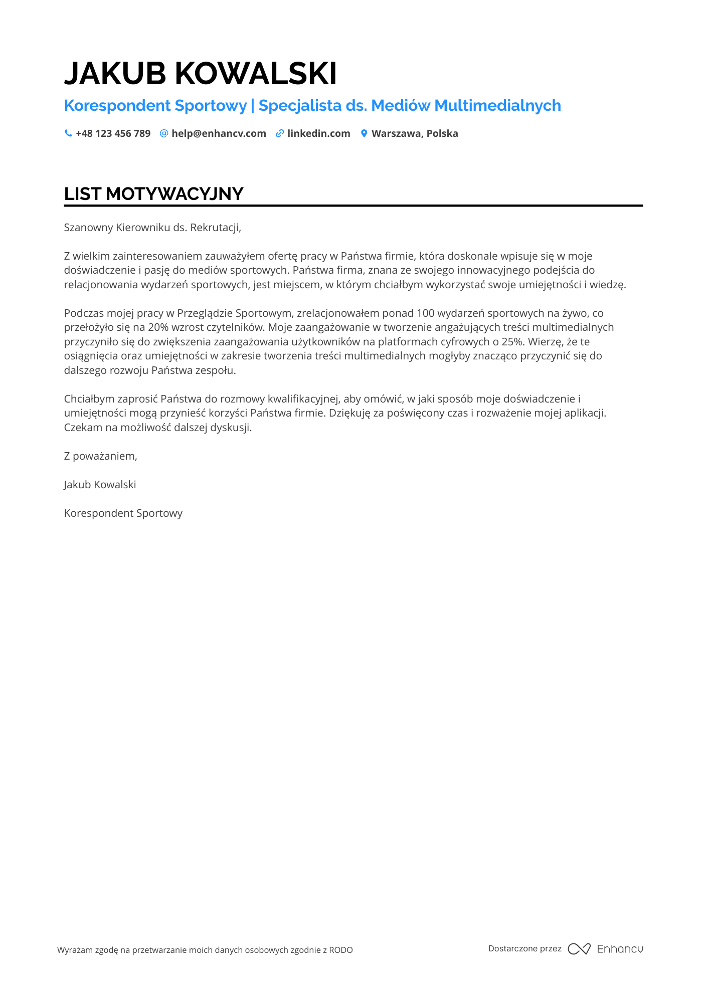 List motywacyjny dla Korespondent Sportowy