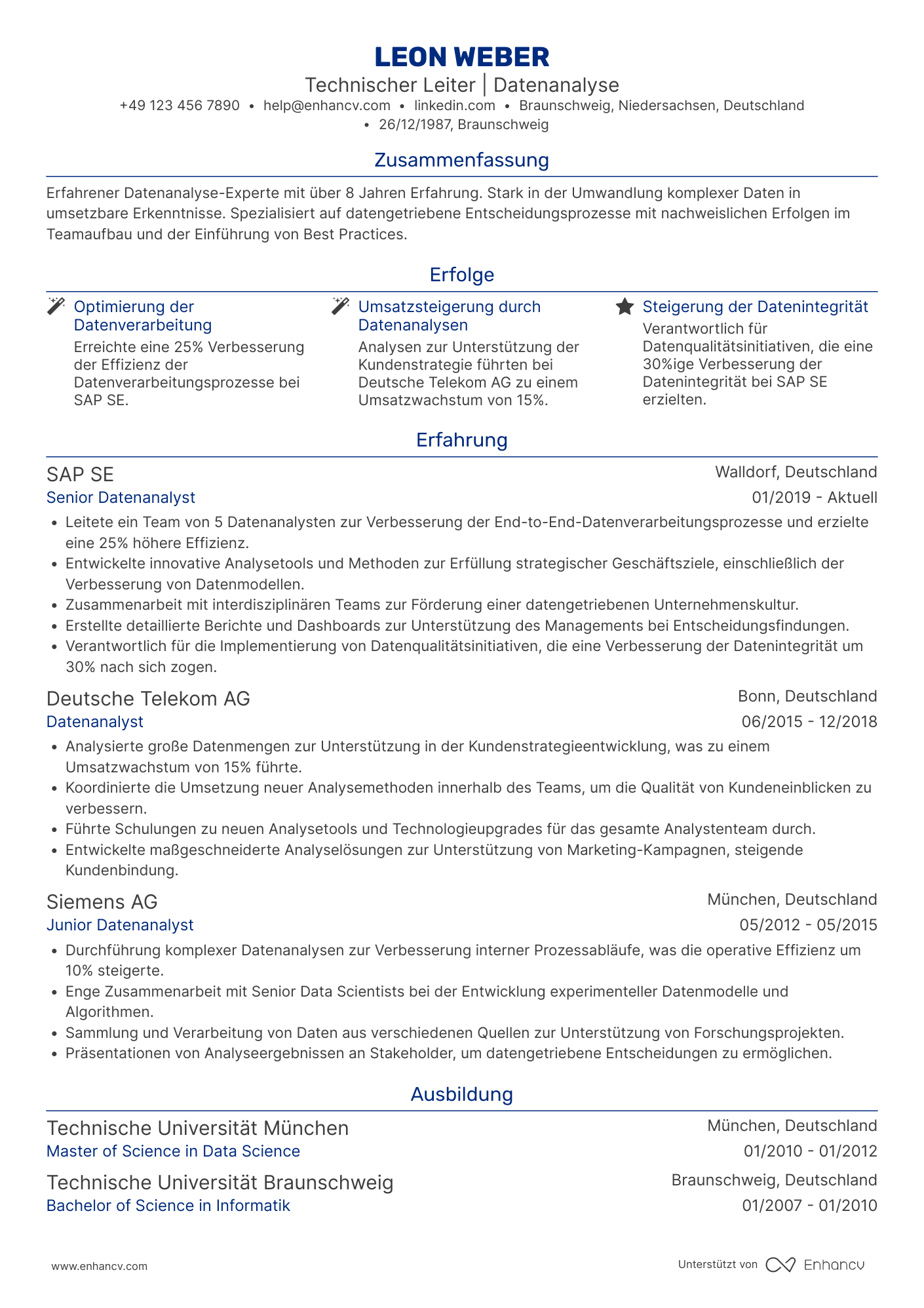 Lebenslauf als Technischer Leiter für Datenanalyse