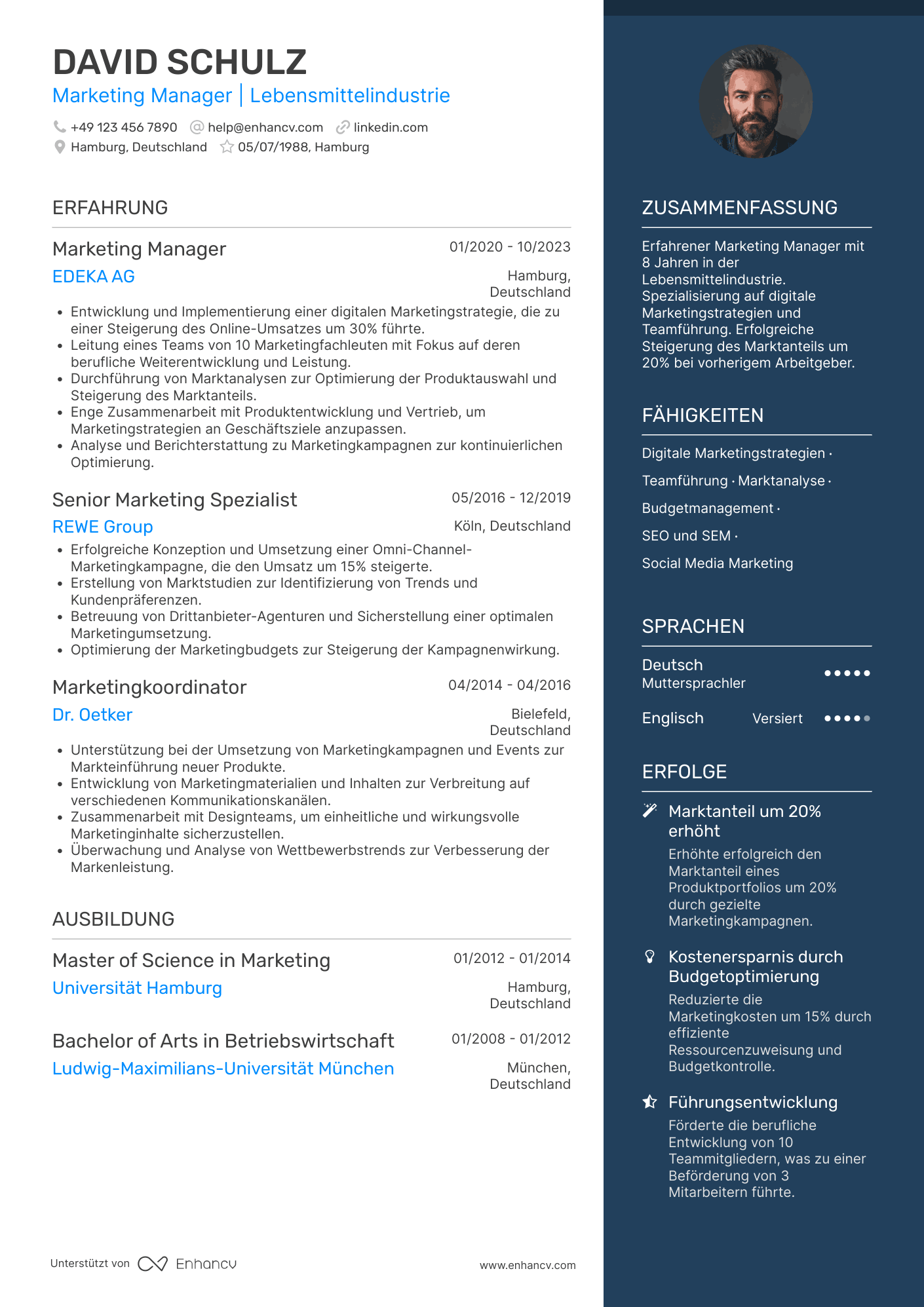 Lebenslauf in Marketing Manager in der Lebensmittelindustrie