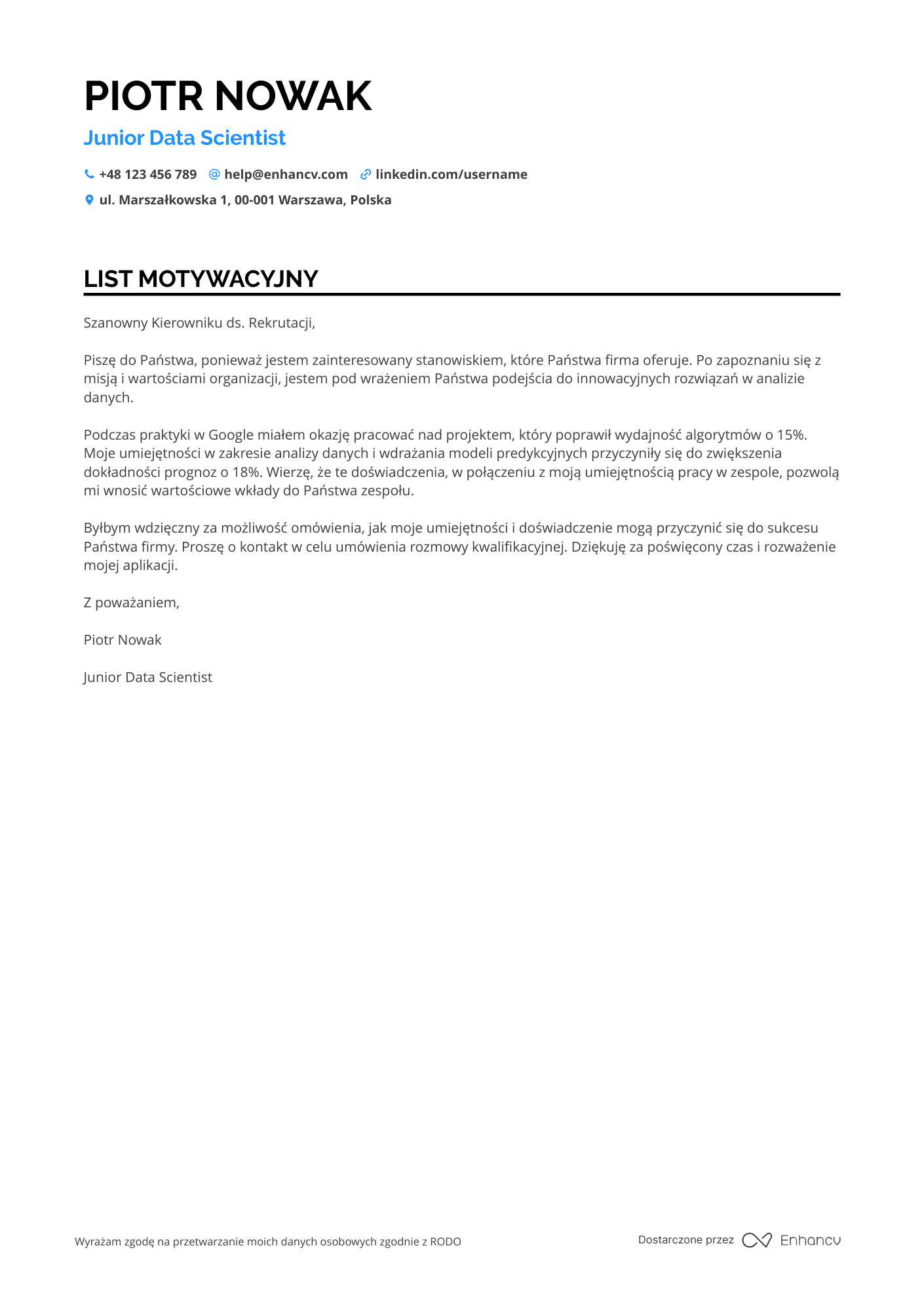 List motywacyjny dla Junior Data Scientist