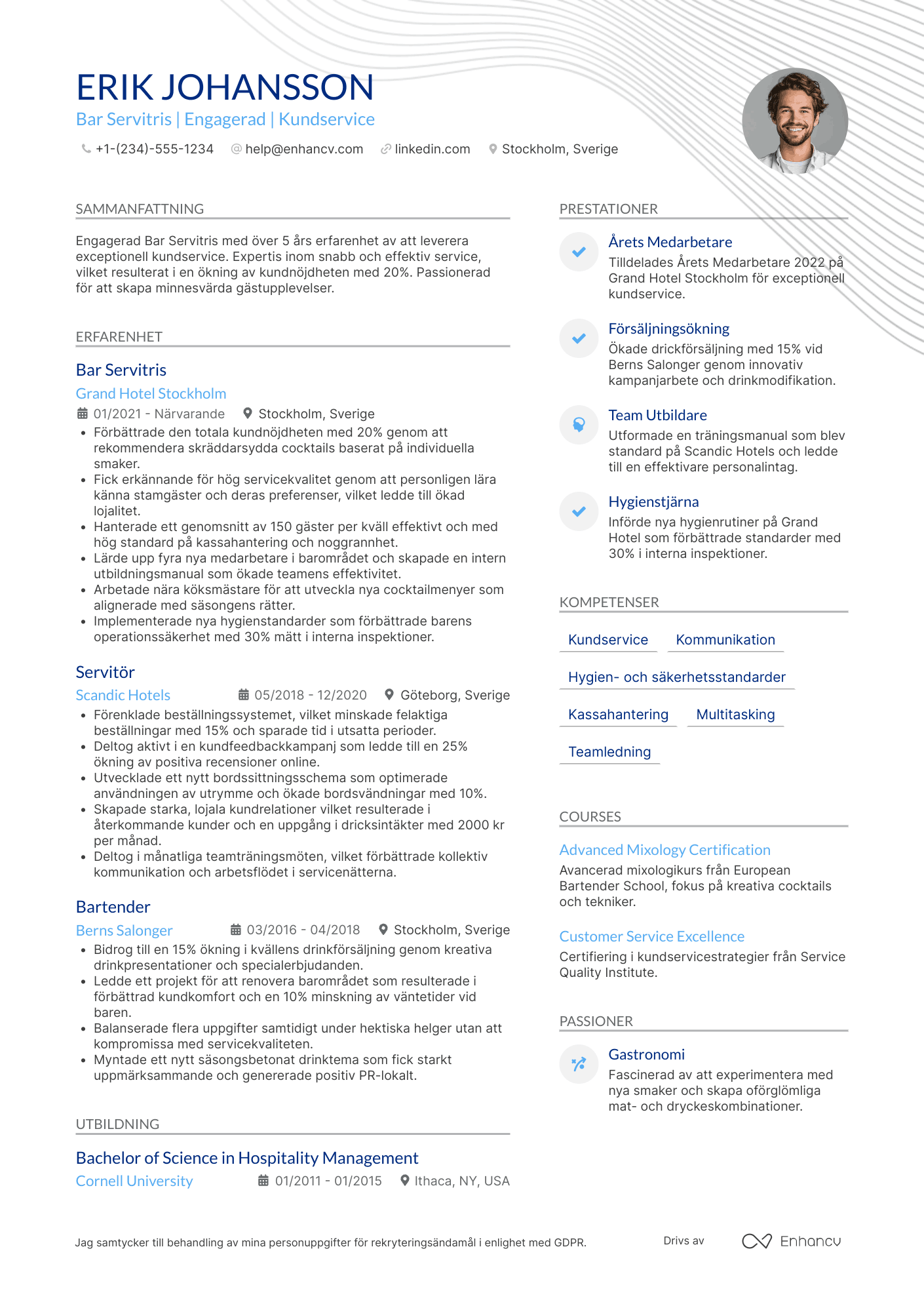 CV för Bar Servitris