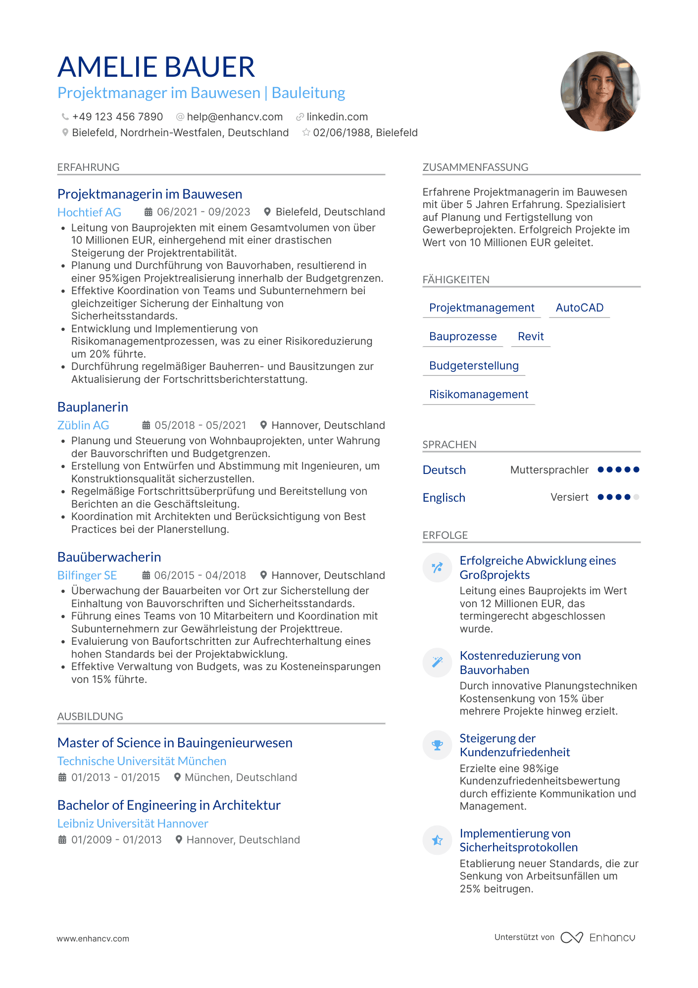 Lebenslauf in Projektmanager im Bauwesen