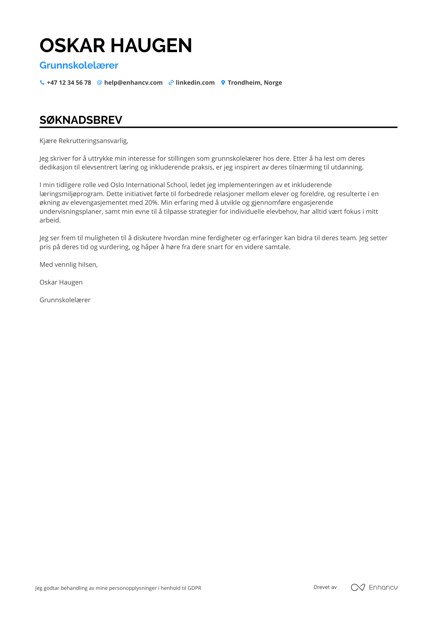 Søknadsbrev for Grunnskolelærer