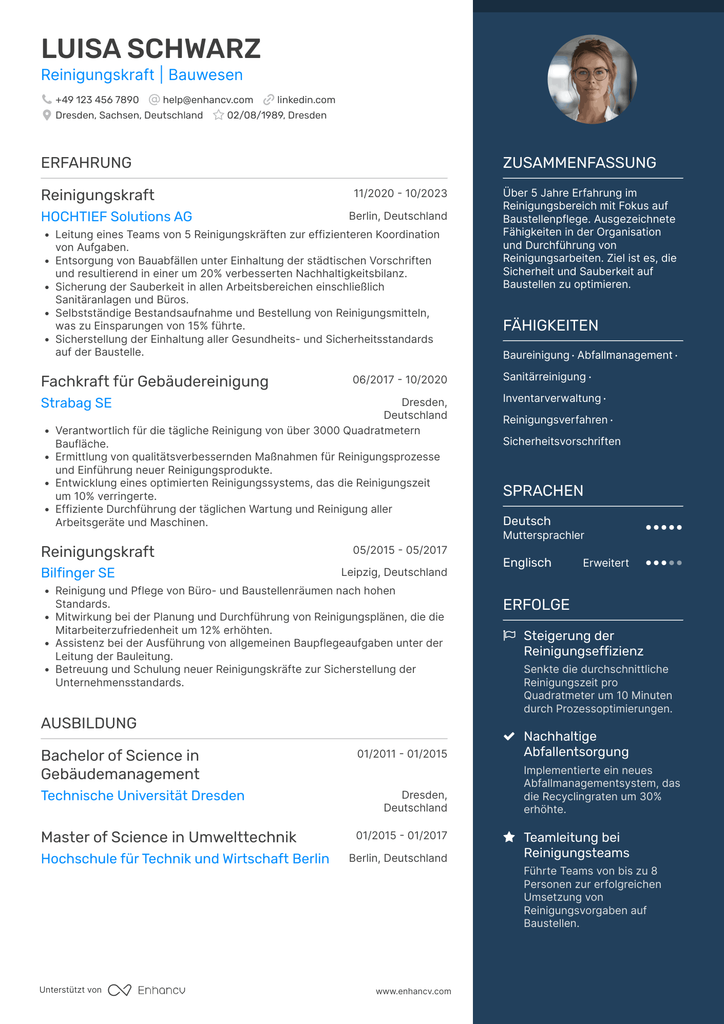 Lebenslauf in Reinigungskraft für Bauwesen