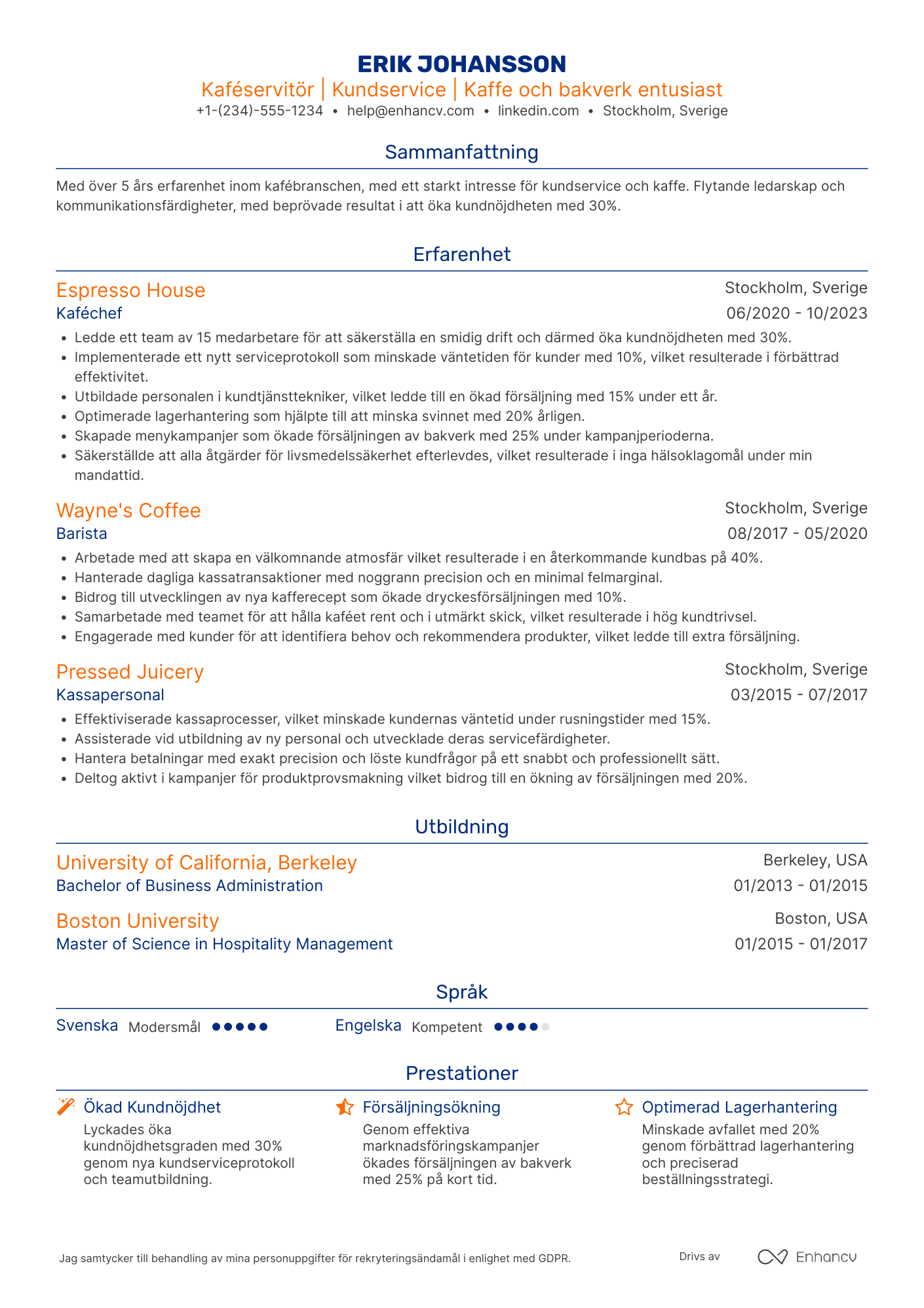CV för Kaféservitör