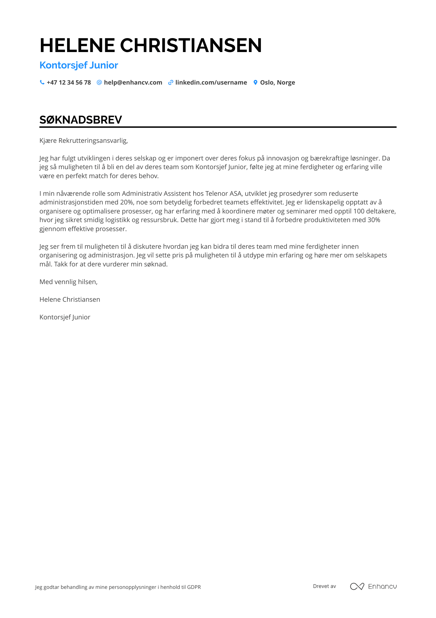 Søknadsbrev for Kontorsjef junior