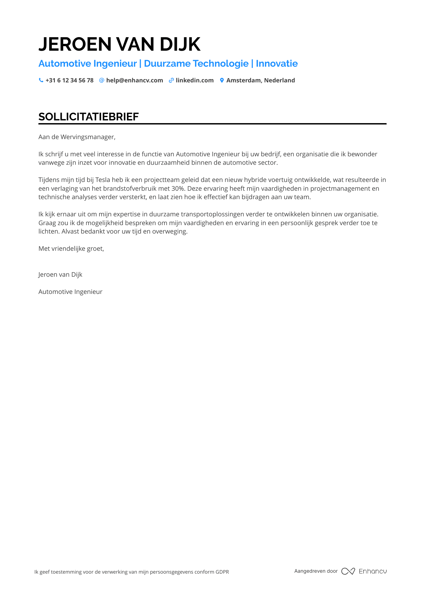 Sollicitatiebrief voor Automotive ingenieur