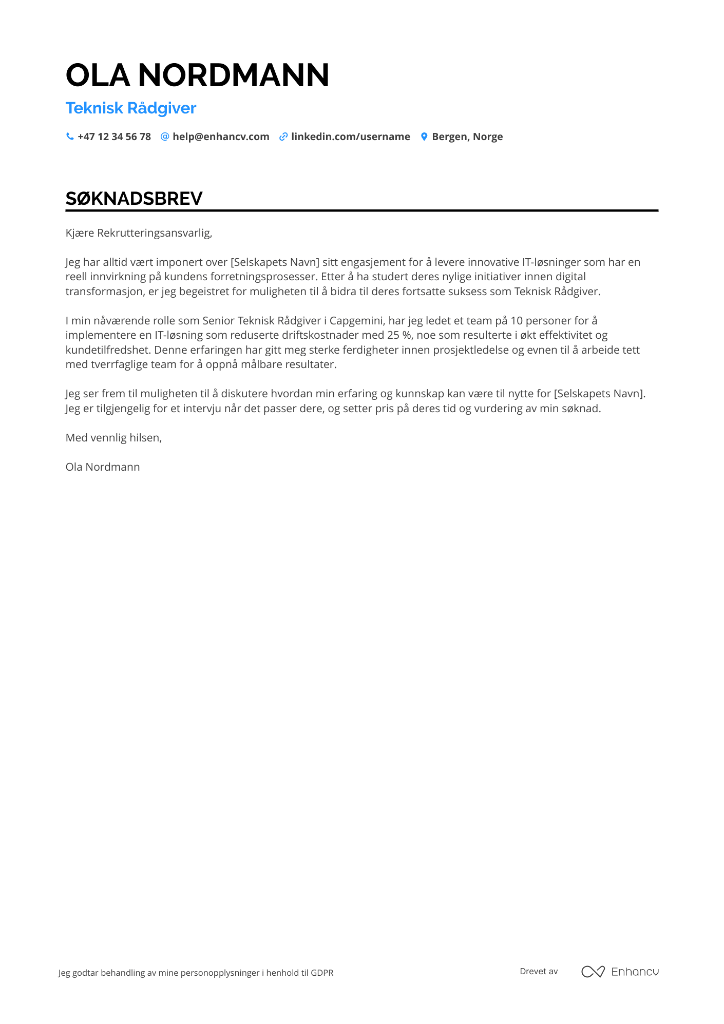 Søknadsbrev for Erfaren Teknisk rådgiver