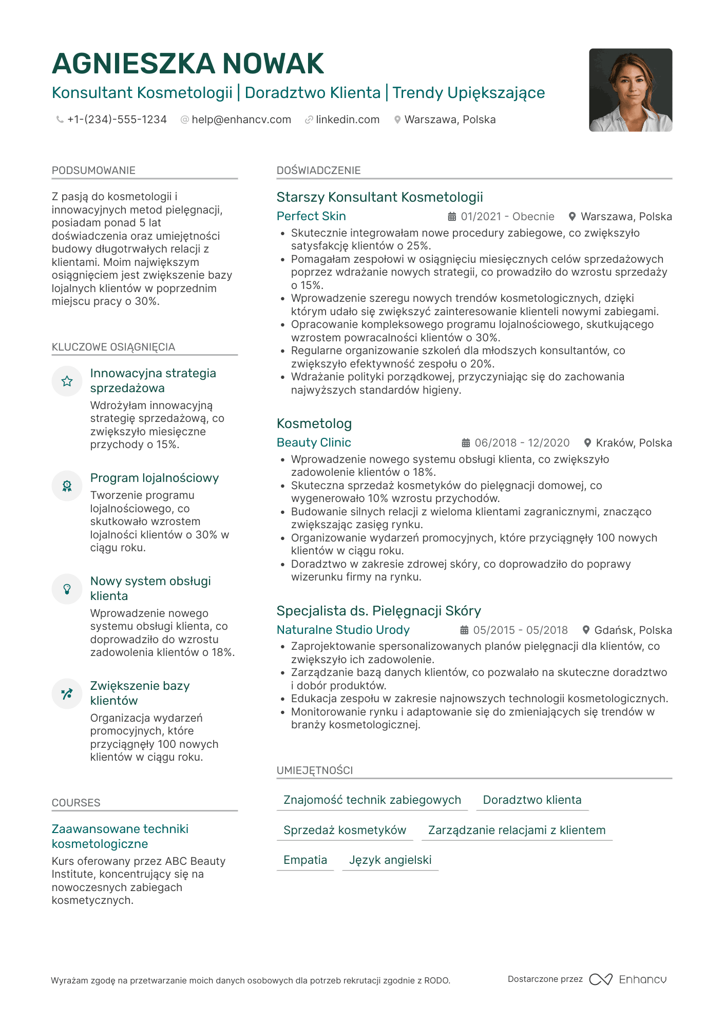 CV dla Konsultant Kosmetologii